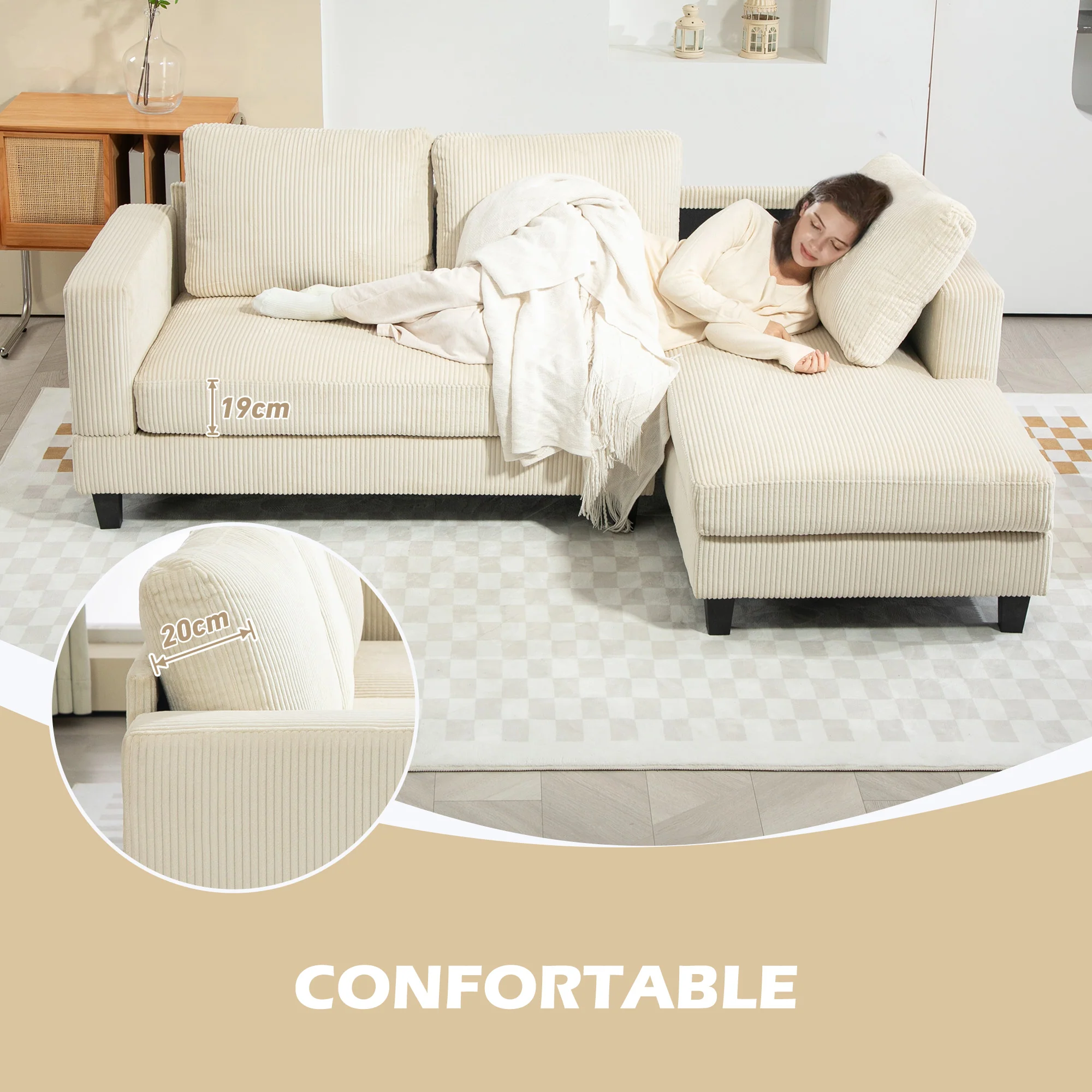 Canapé d'angle en velours c?telé canapé 3 places avec méridienne et coussin à ressorts épais, largeur 214 cm, design moderne, charge jusqu'à 400 Kg, pour salon, appartement, beige - Image 8