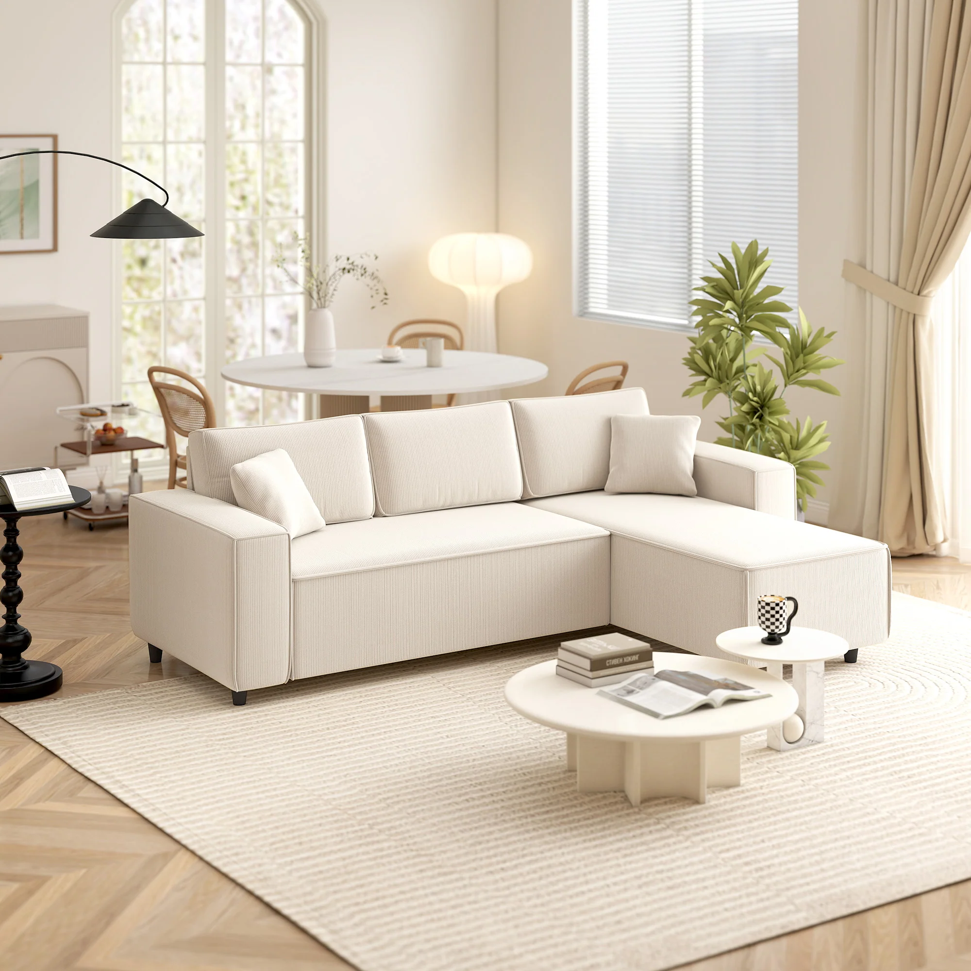 Canapé d'angle réversible velours côtelé, 241x153x83cm, canapé 3 places en L avec coussin à ressorts, charge 450Kg, style moderne, pour salon, chambre, crème - Image 10