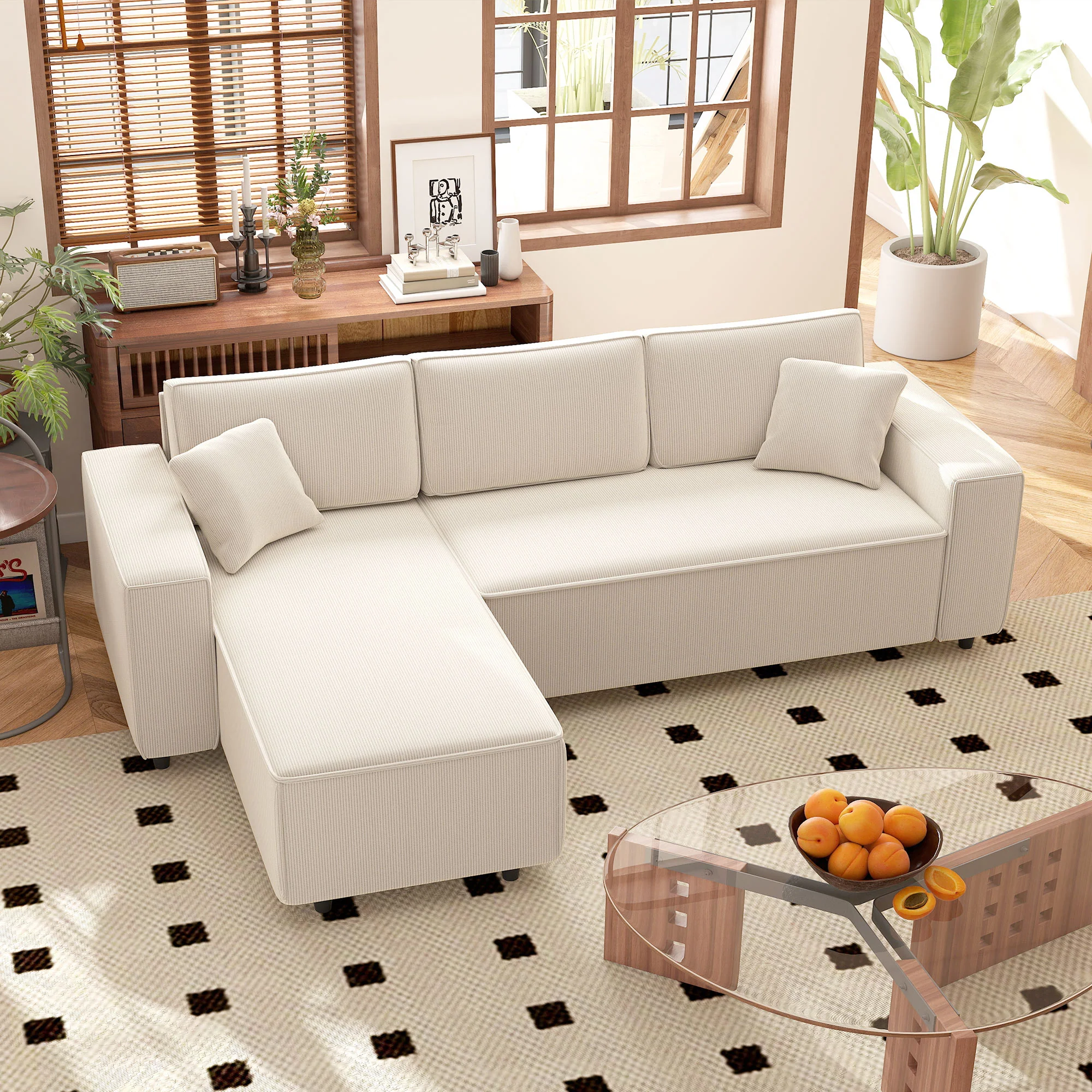 Canapé d'angle réversible velours côtelé, 241x153x83cm, canapé 3 places en L avec coussin à ressorts, charge 450Kg, style moderne, pour salon, chambre, crème - Image 3