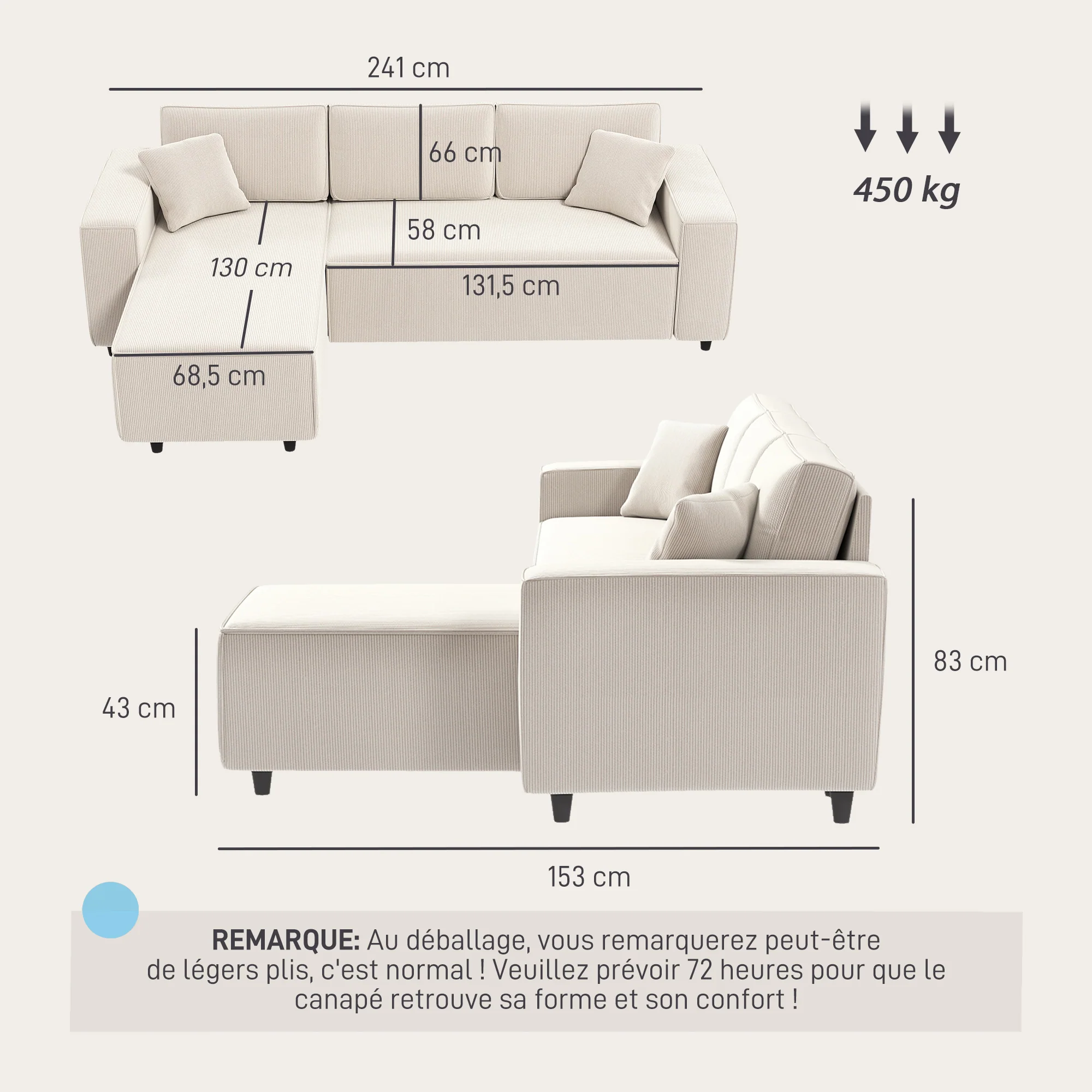 Canapé d'angle réversible velours côtelé, 241x153x83cm, canapé 3 places en L avec coussin à ressorts, charge 450Kg, style moderne, pour salon, chambre, crème - Image 4