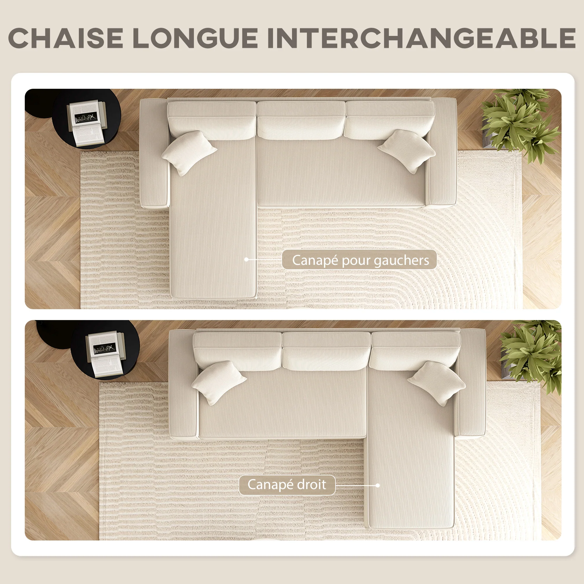 Canapé d'angle réversible velours côtelé, 241x153x83cm, canapé 3 places en L avec coussin à ressorts, charge 450Kg, style moderne, pour salon, chambre, crème - Image 5
