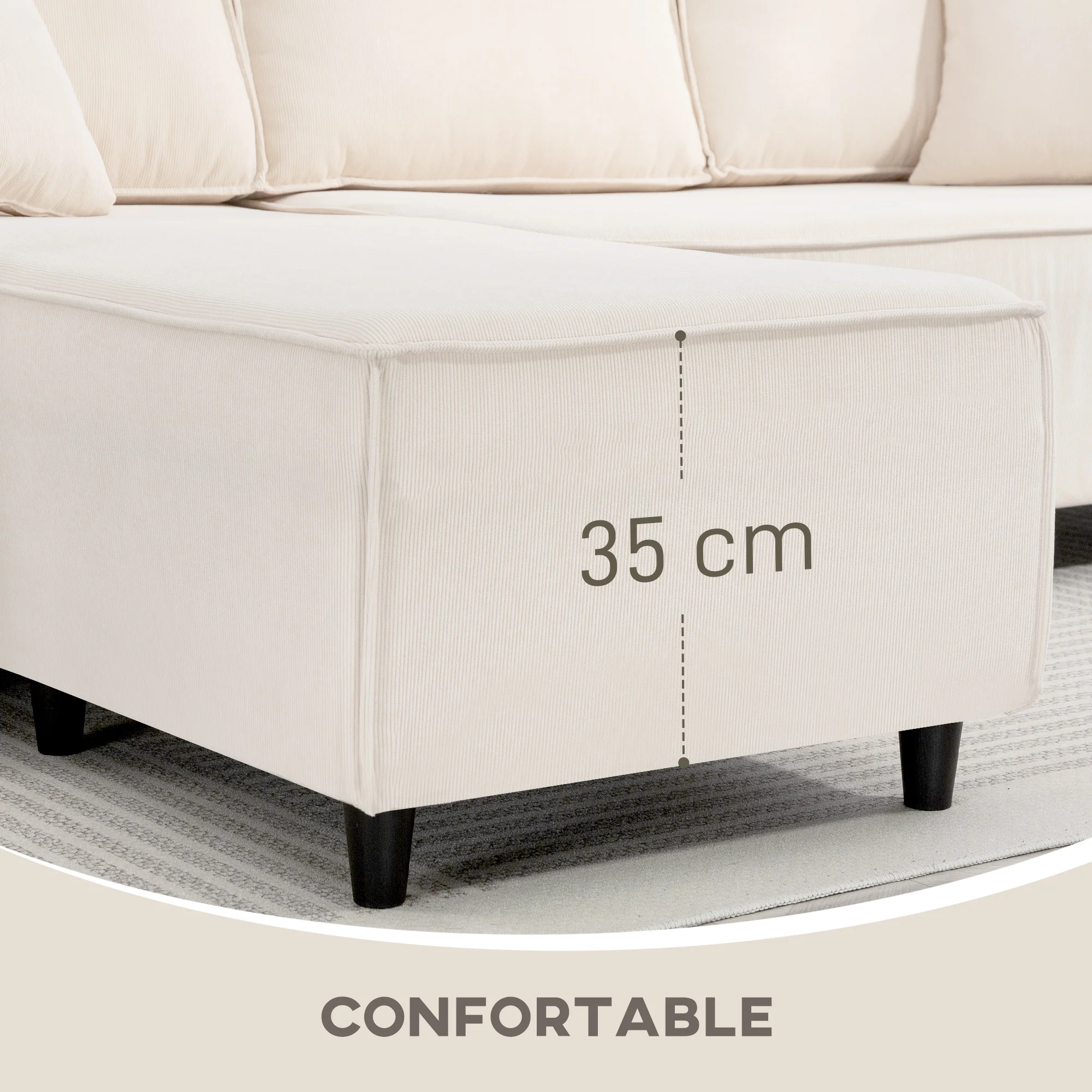 Canapé d'angle réversible velours côtelé, 241x153x83cm, canapé 3 places en L avec coussin à ressorts, charge 450Kg, style moderne, pour salon, chambre, crème - Image 7