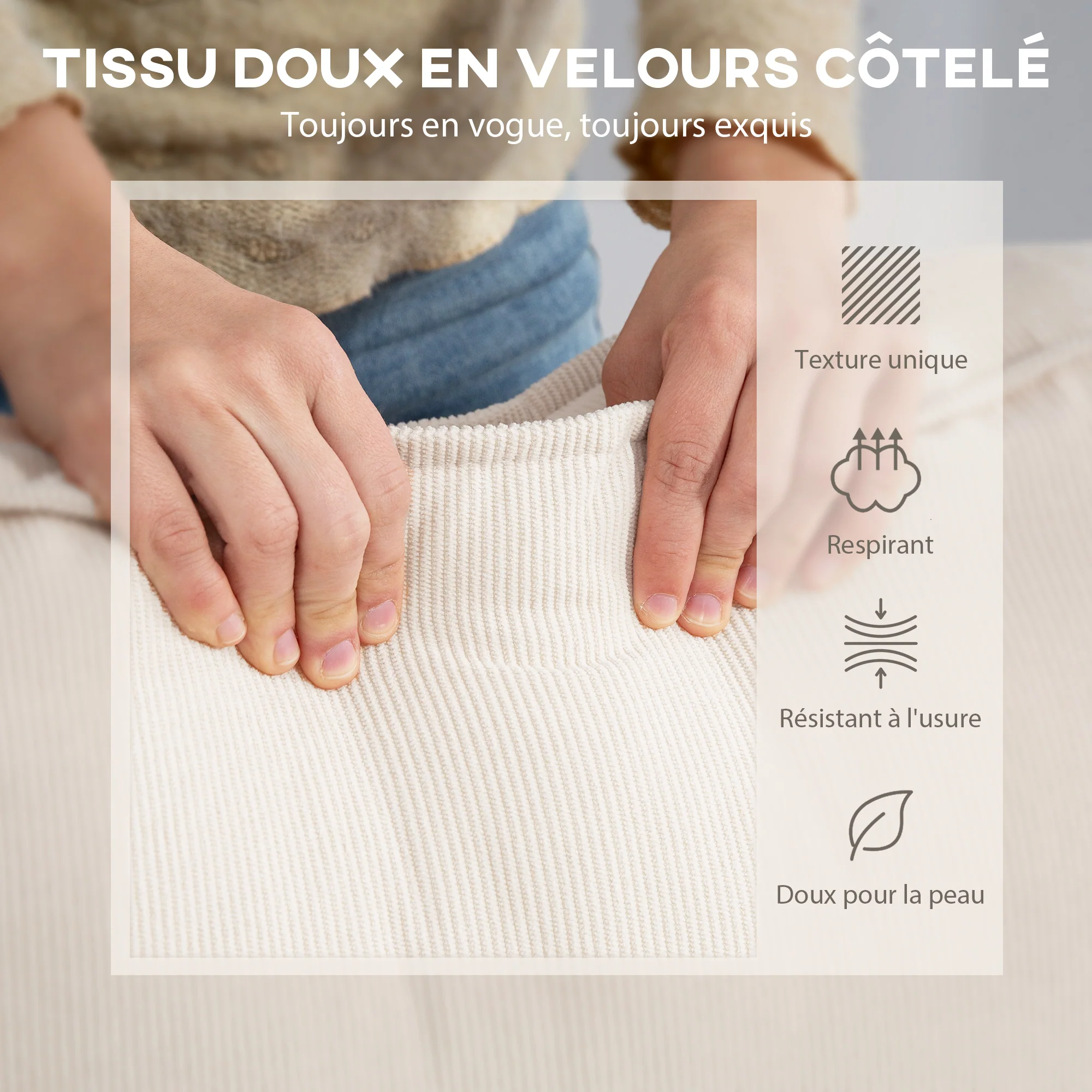 Canapé d'angle réversible velours côtelé, 241x153x83cm, canapé 3 places en L avec coussin à ressorts, charge 450Kg, style moderne, pour salon, chambre, crème - Image 8