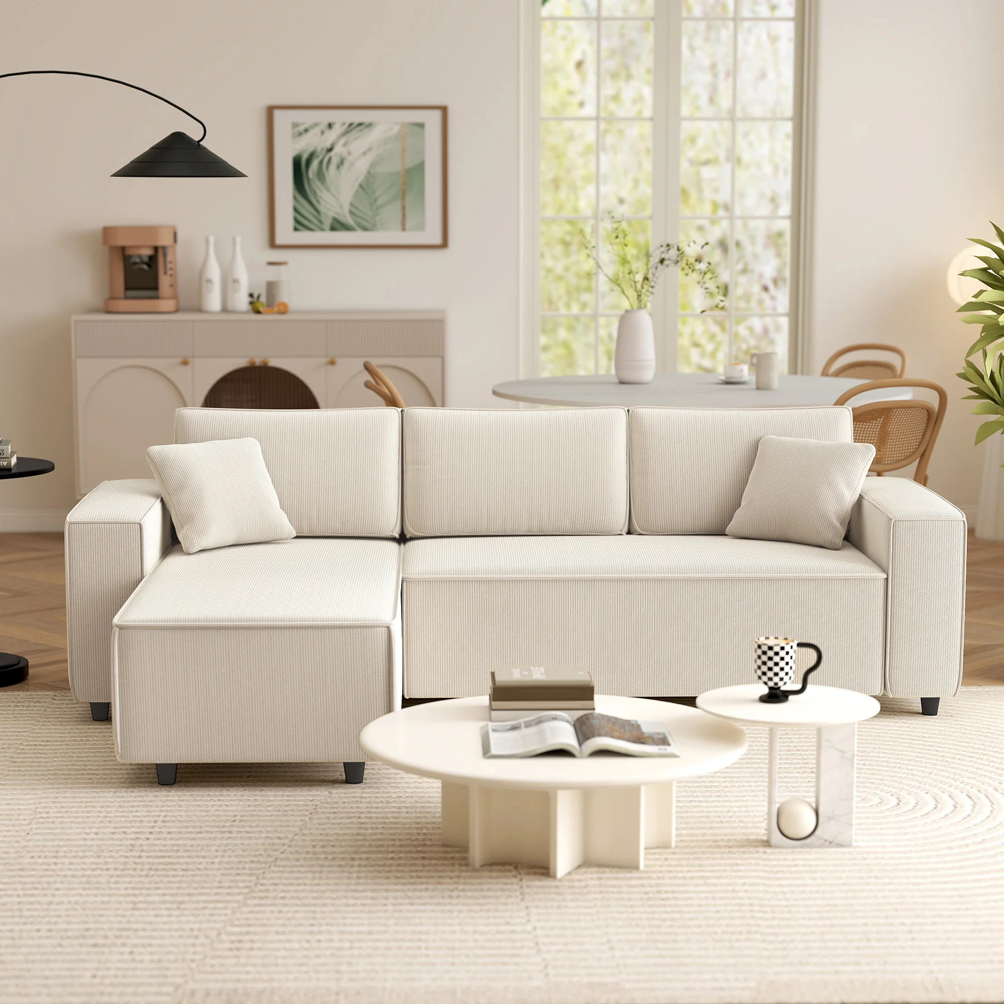Canapé d'angle réversible velours côtelé, 241x153x83cm, canapé 3 places en L avec coussin à ressorts, charge 450Kg, style moderne, pour salon, chambre, crème - Image 9