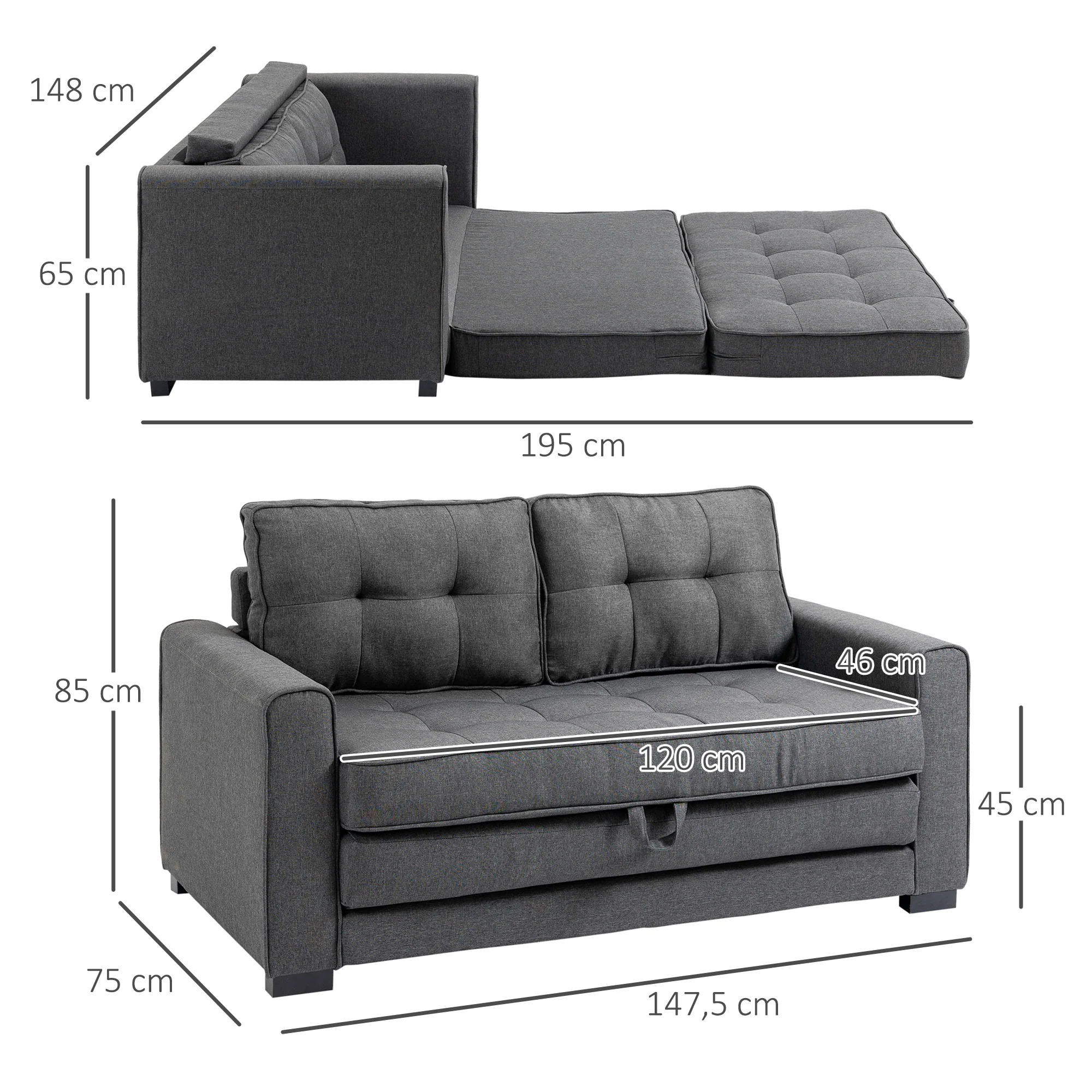 Canapé droit convertible 2 places - dossier capitonné - 147,5 x 75 x 85?cm - gris - Image 4