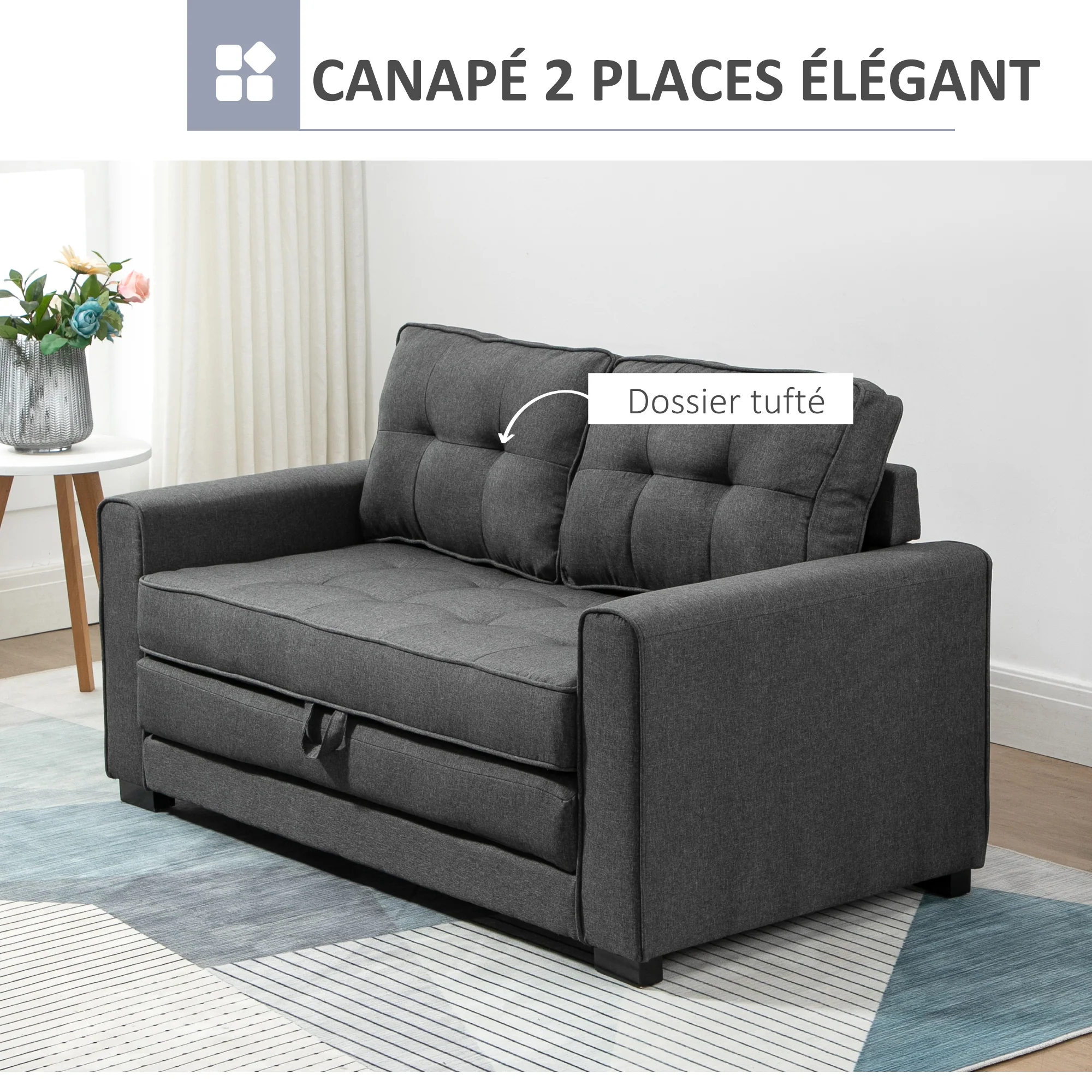 Canapé droit convertible 2 places - dossier capitonné - 147,5 x 75 x 85?cm - gris - Image 5