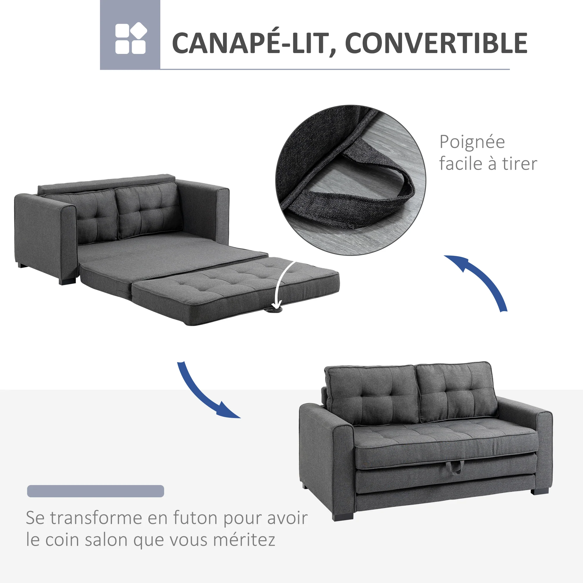 Canapé droit convertible 2 places - dossier capitonné - 147,5 x 75 x 85?cm - gris - Image 6