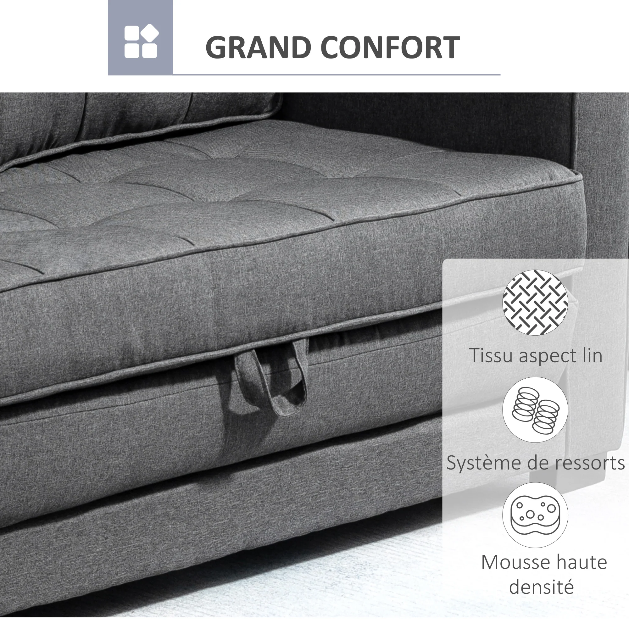 Canapé droit convertible 2 places - dossier capitonné - 147,5 x 75 x 85?cm - gris - Image 7