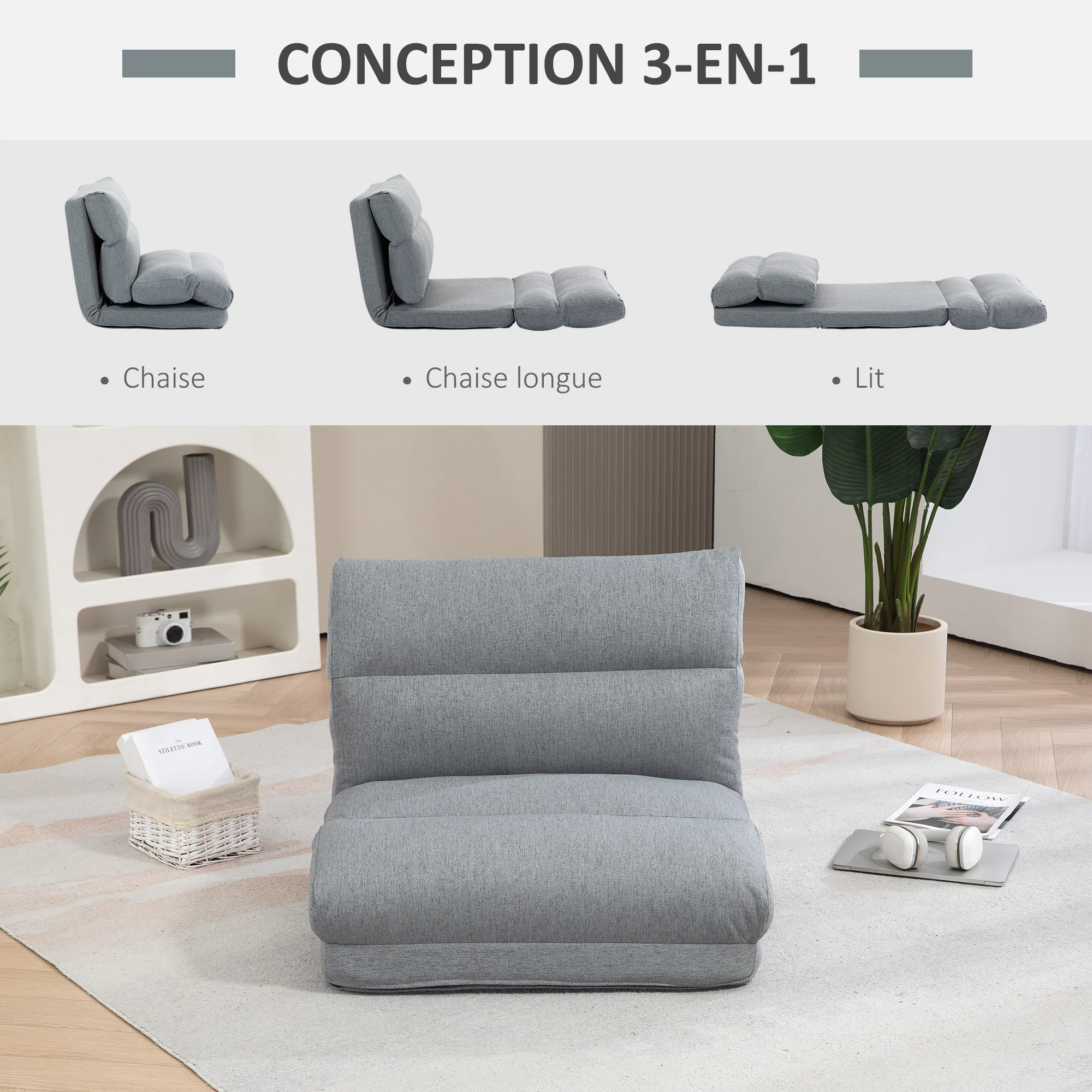 Canapé paresseux chauffeuse 1 place fauteuil paresseux convertible en lit fauteuil salon avec dossier inclinable sur 5 positions, charge 120 Kg, pour salon chambre et bureau, 70x72x56 cm, gris - Image 5