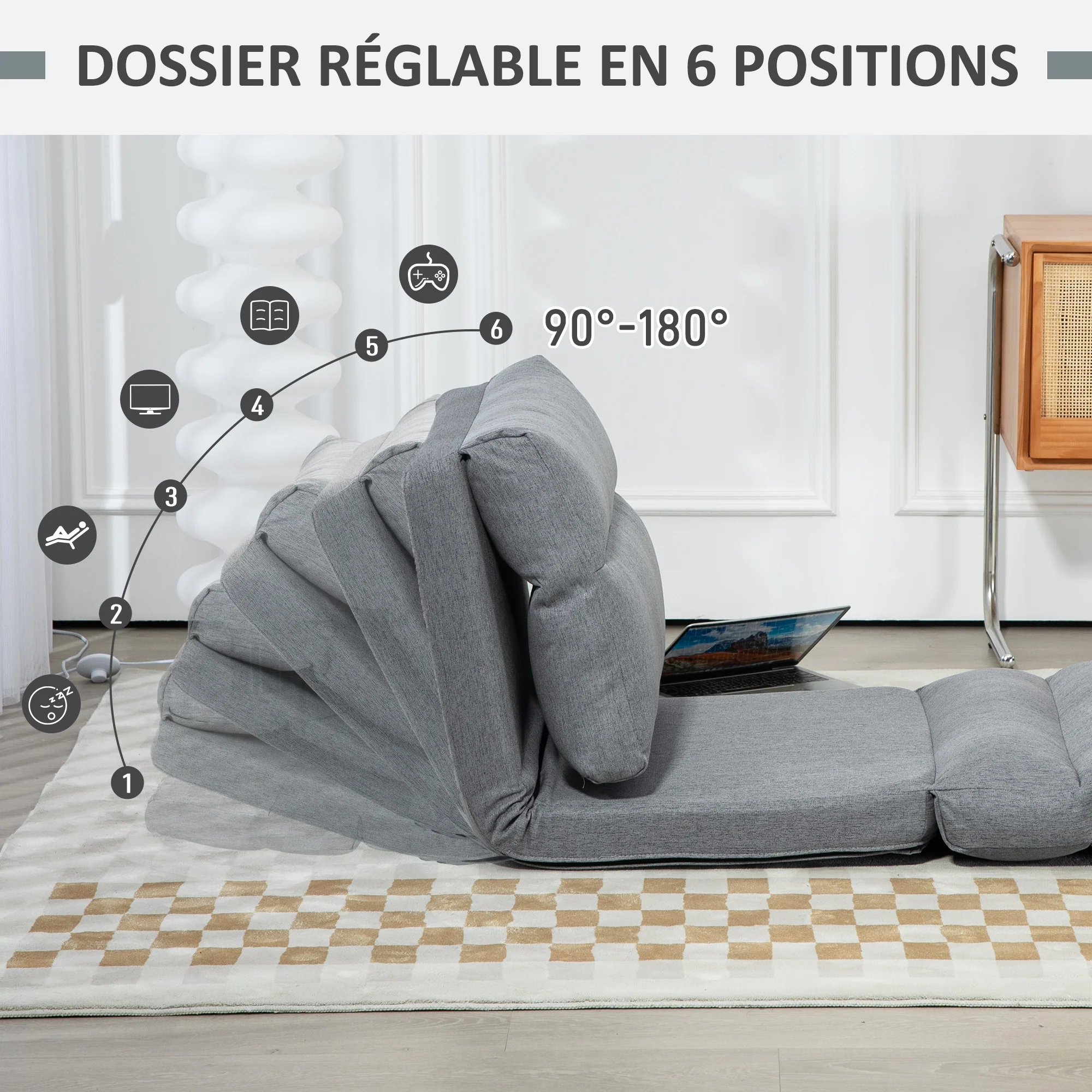 Canapé paresseux chauffeuse 1 place fauteuil paresseux convertible en lit fauteuil salon avec dossier inclinable sur 5 positions, charge 120 Kg, pour salon chambre et bureau, 70x72x56 cm, gris - Image 6