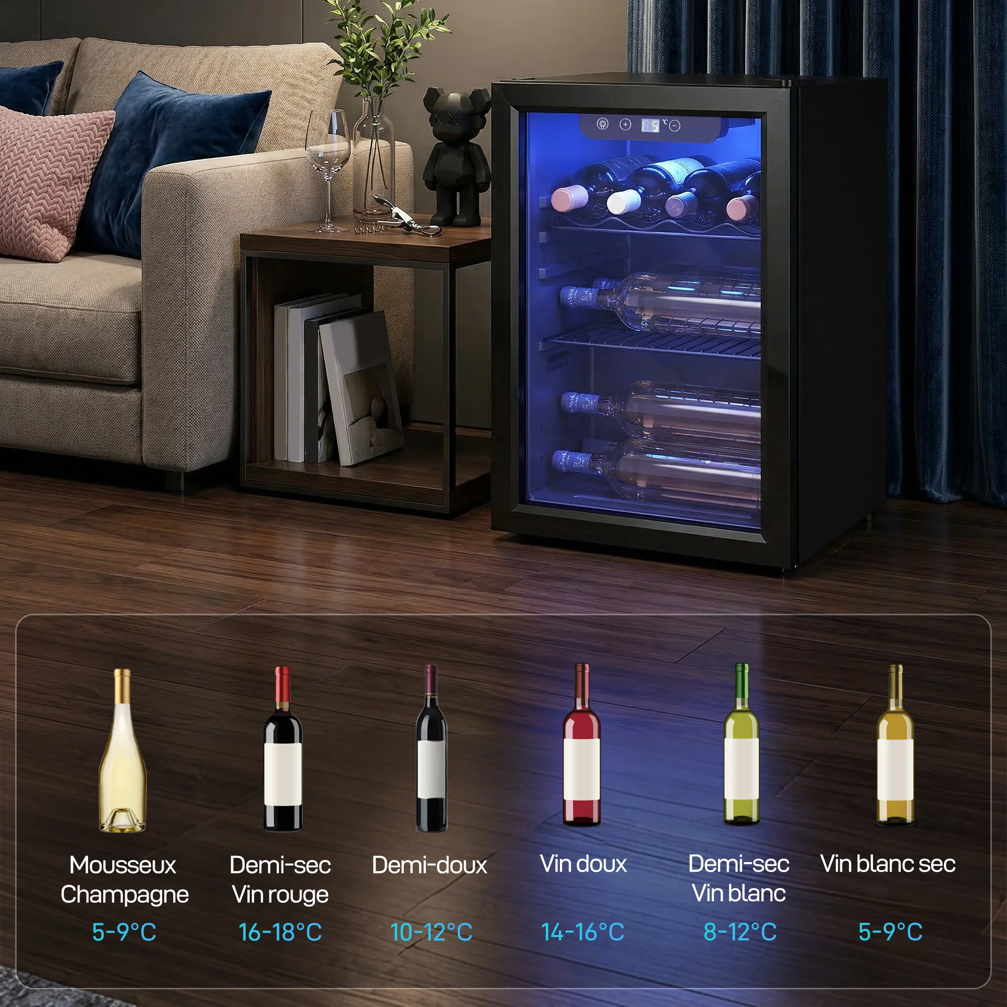 Cave à vin 16 bouteilles 48L, réfrigérateur à vin et boissons avec température réglable 4-16 °C, porte réversible en verre trempé double, éclairage LED et étagère amovible, noir - Image 10
