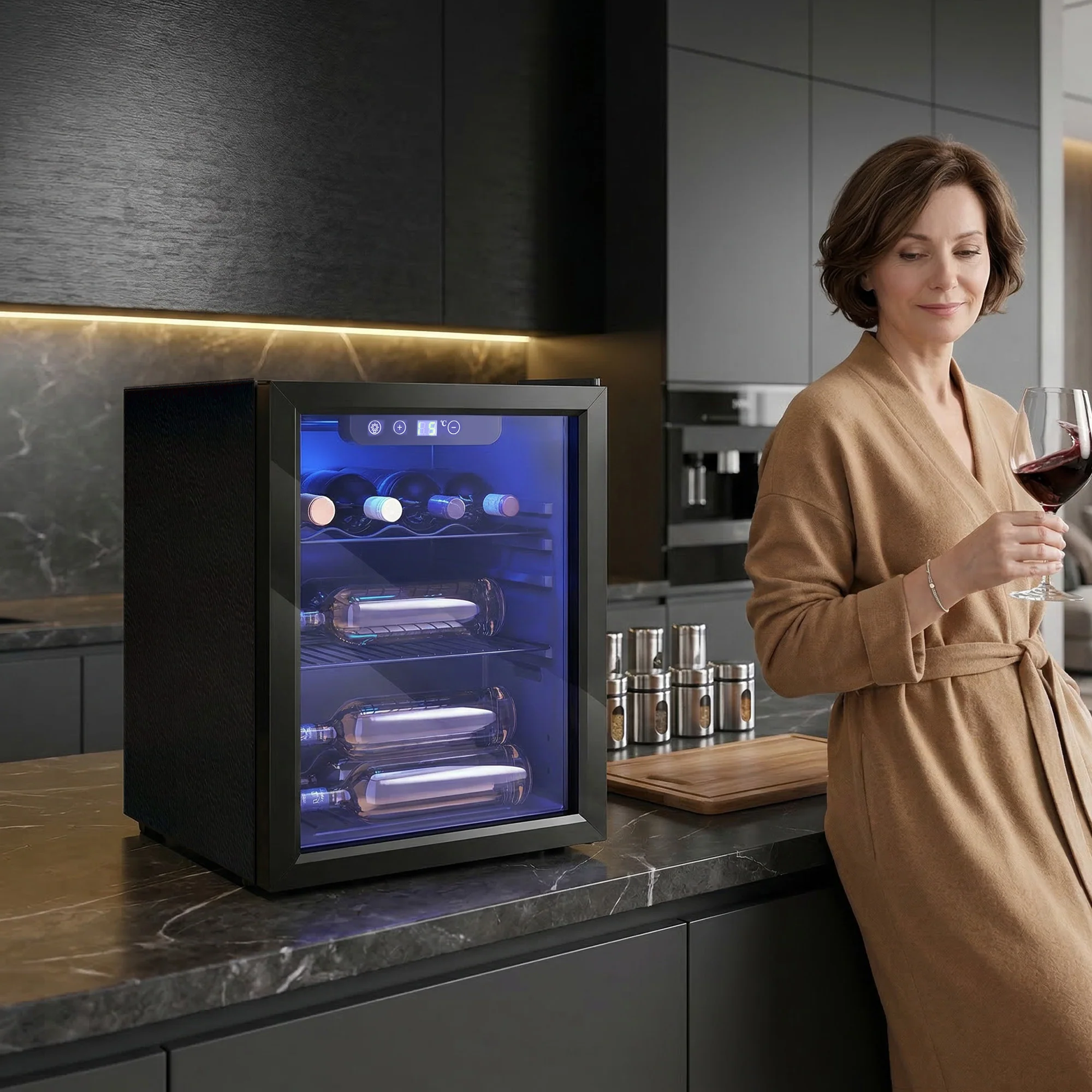 Cave à vin 16 bouteilles 48L, réfrigérateur à vin et boissons avec température réglable 4-16 °C, porte réversible en verre trempé double, éclairage LED et étagère amovible, noir - Image 11