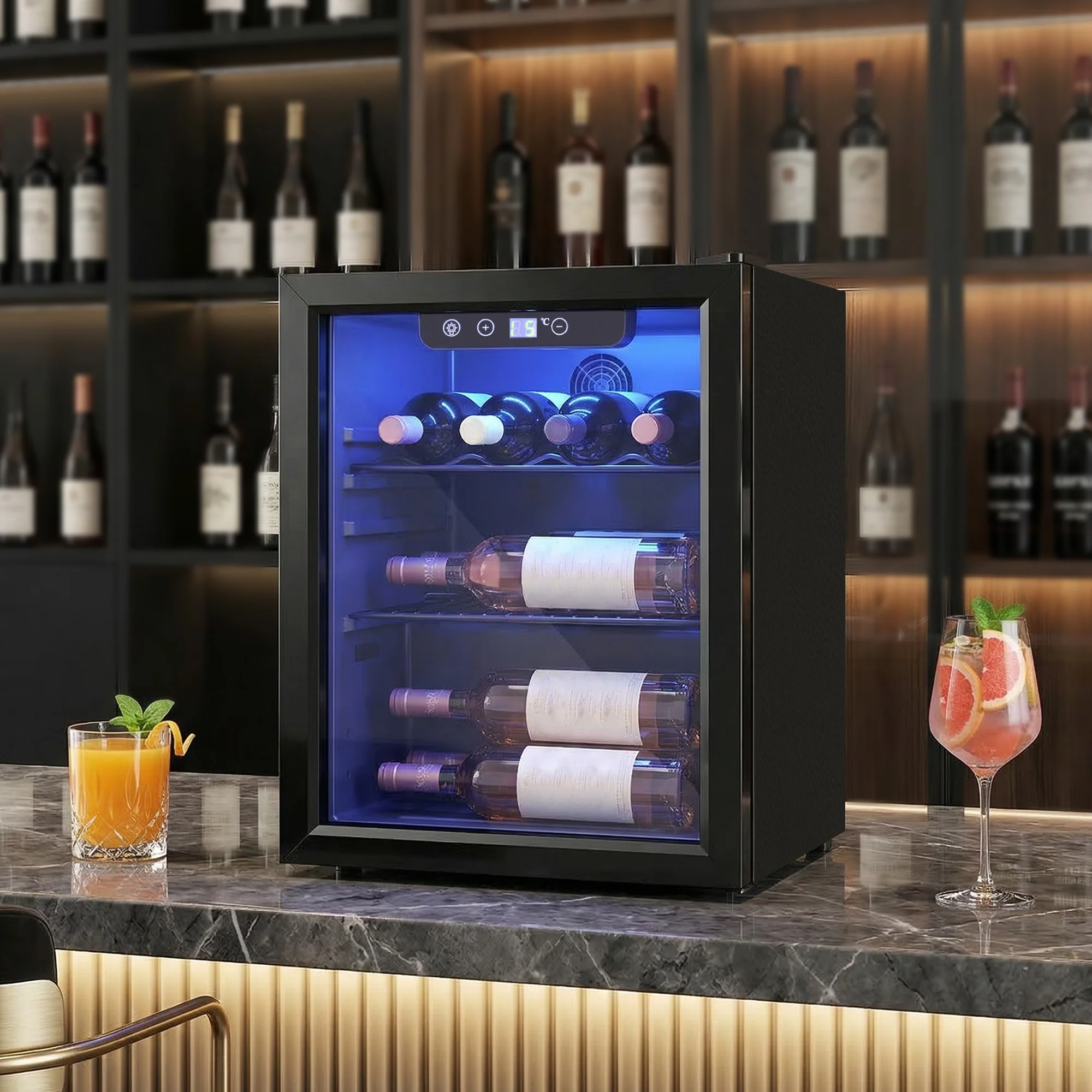 Cave à vin 16 bouteilles 48L, réfrigérateur à vin et boissons avec température réglable 4-16 °C, porte réversible en verre trempé double, éclairage LED et étagère amovible, noir - Image 3