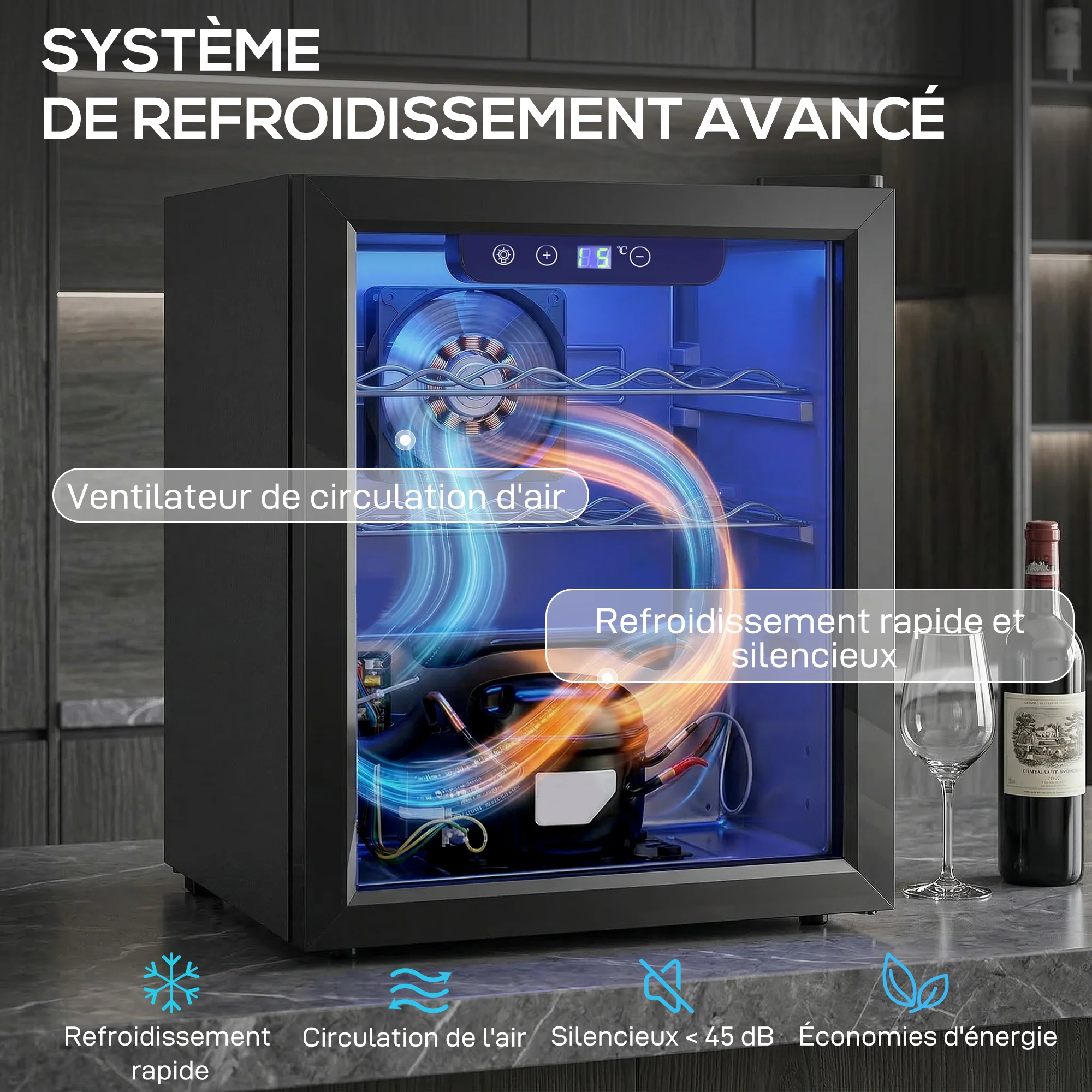 Cave à vin 16 bouteilles 48L, réfrigérateur à vin et boissons avec température réglable 4-16 °C, porte réversible en verre trempé double, éclairage LED et étagère amovible, noir - Image 5