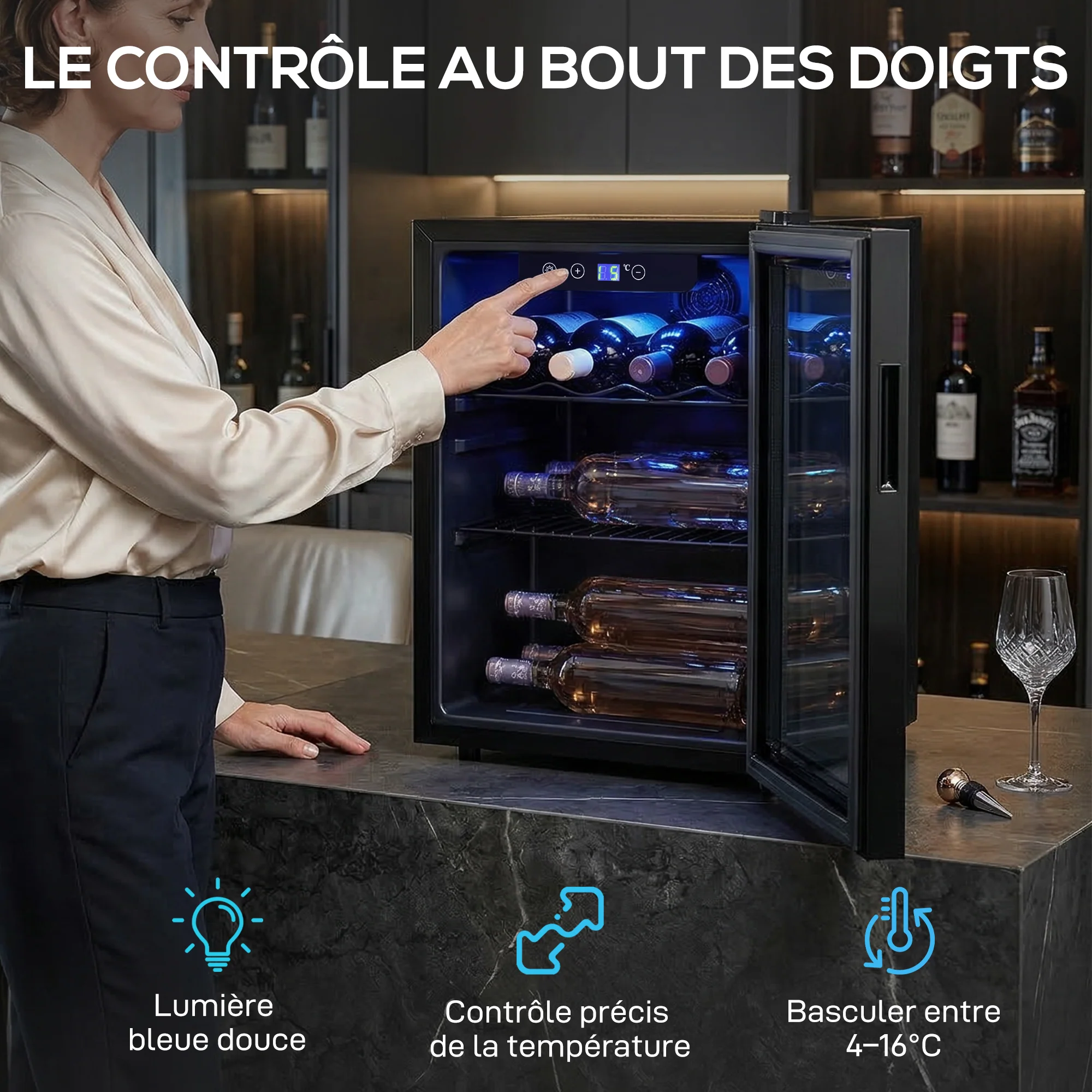 Cave à vin 16 bouteilles 48L, réfrigérateur à vin et boissons avec température réglable 4-16 °C, porte réversible en verre trempé double, éclairage LED et étagère amovible, noir - Image 6