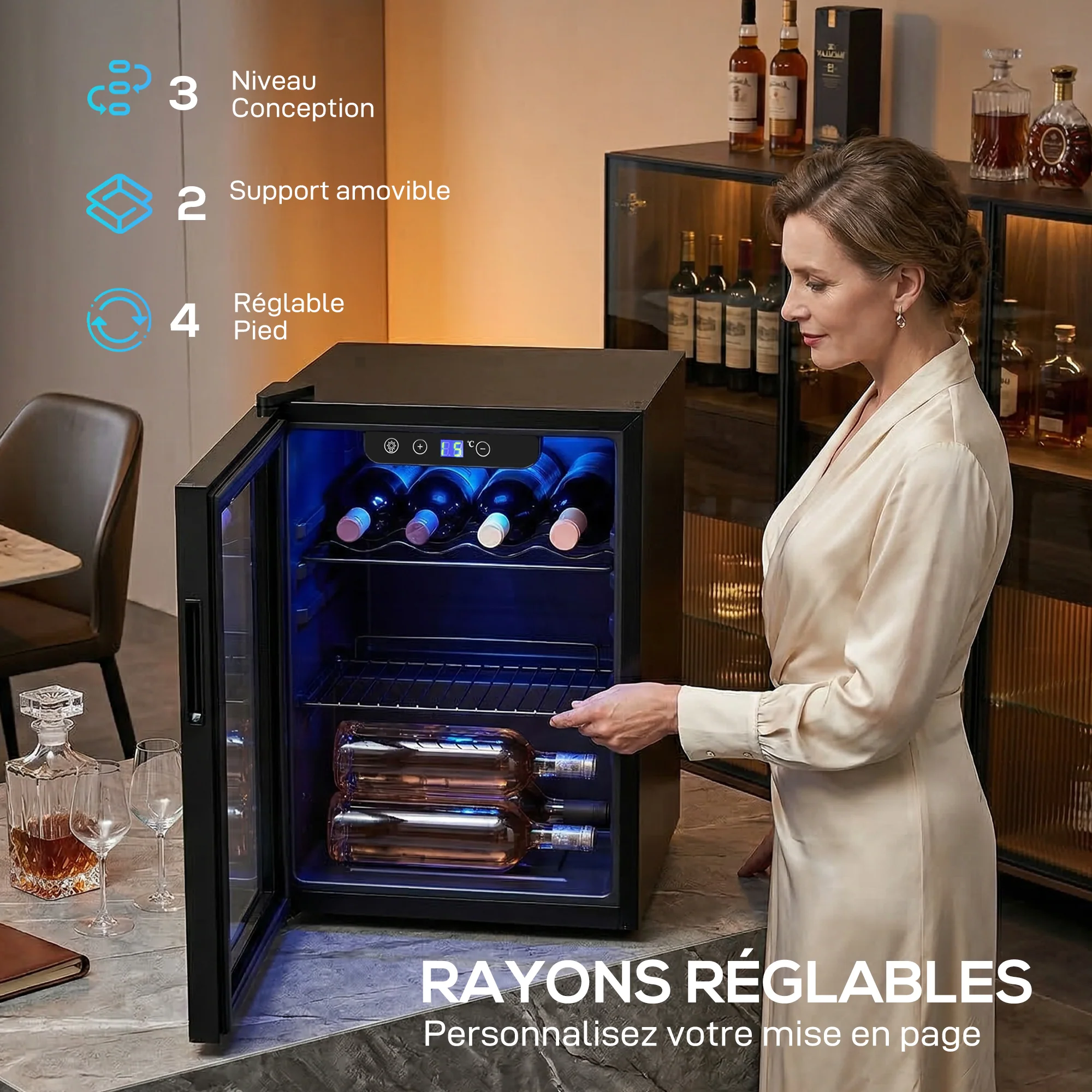 Cave à vin 16 bouteilles 48L, réfrigérateur à vin et boissons avec température réglable 4-16 °C, porte réversible en verre trempé double, éclairage LED et étagère amovible, noir - Image 7