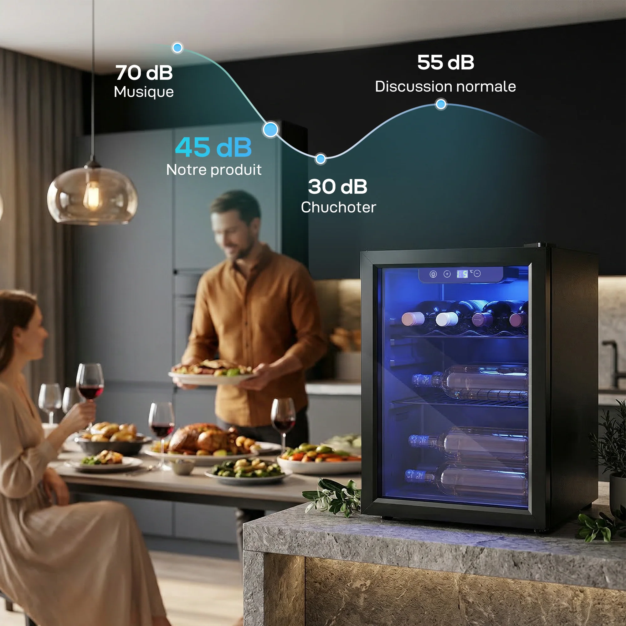 Cave à vin 16 bouteilles 48L, réfrigérateur à vin et boissons avec température réglable 4-16 °C, porte réversible en verre trempé double, éclairage LED et étagère amovible, noir - Image 8