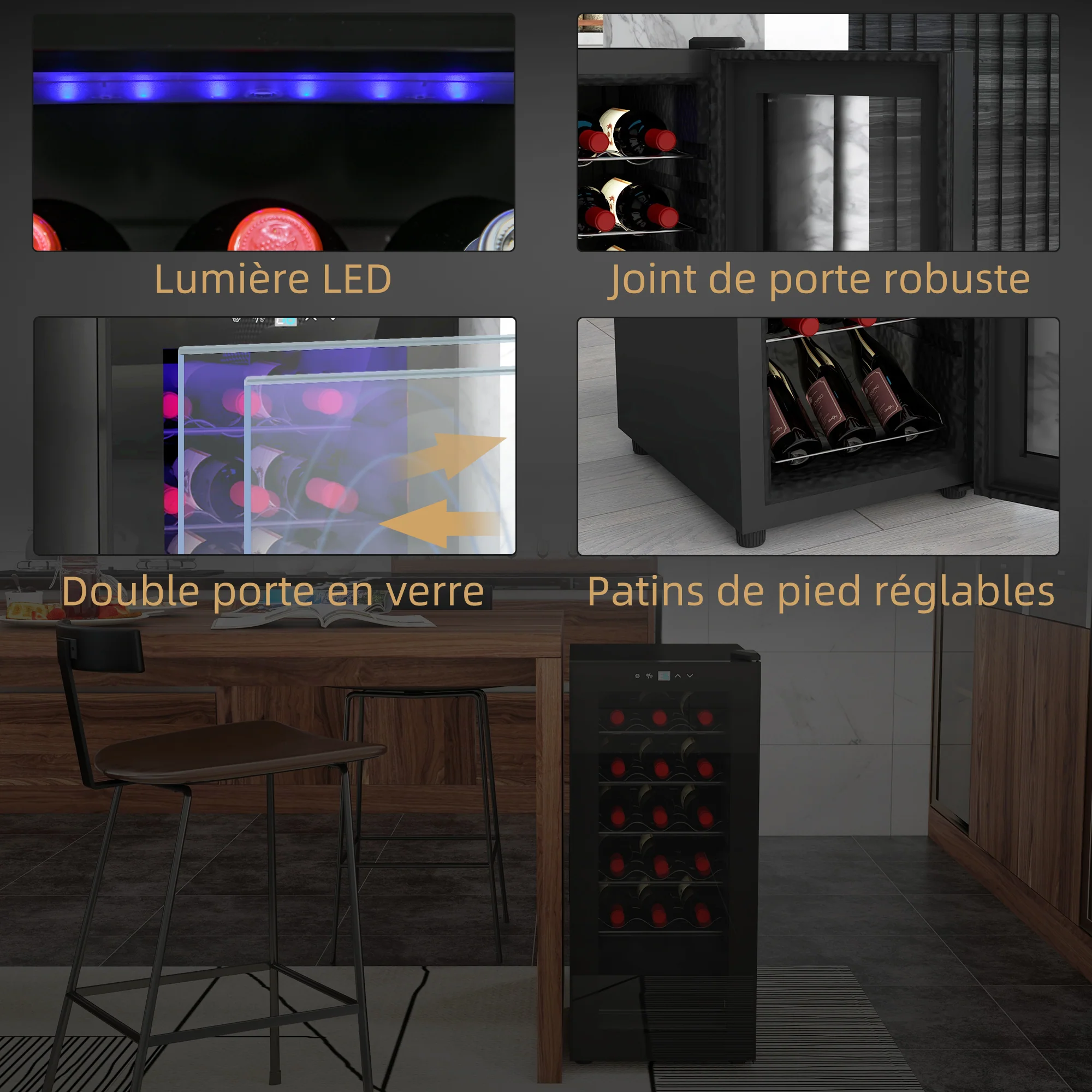 Cave à vin 18 bouteilles 50L réfrigérateur à vin silencieux avec porte en verre, étagères réglables, éclairage LED, écran tactile numérique, frigo vin contr?le de la température 5-18°C, noir - Image 10