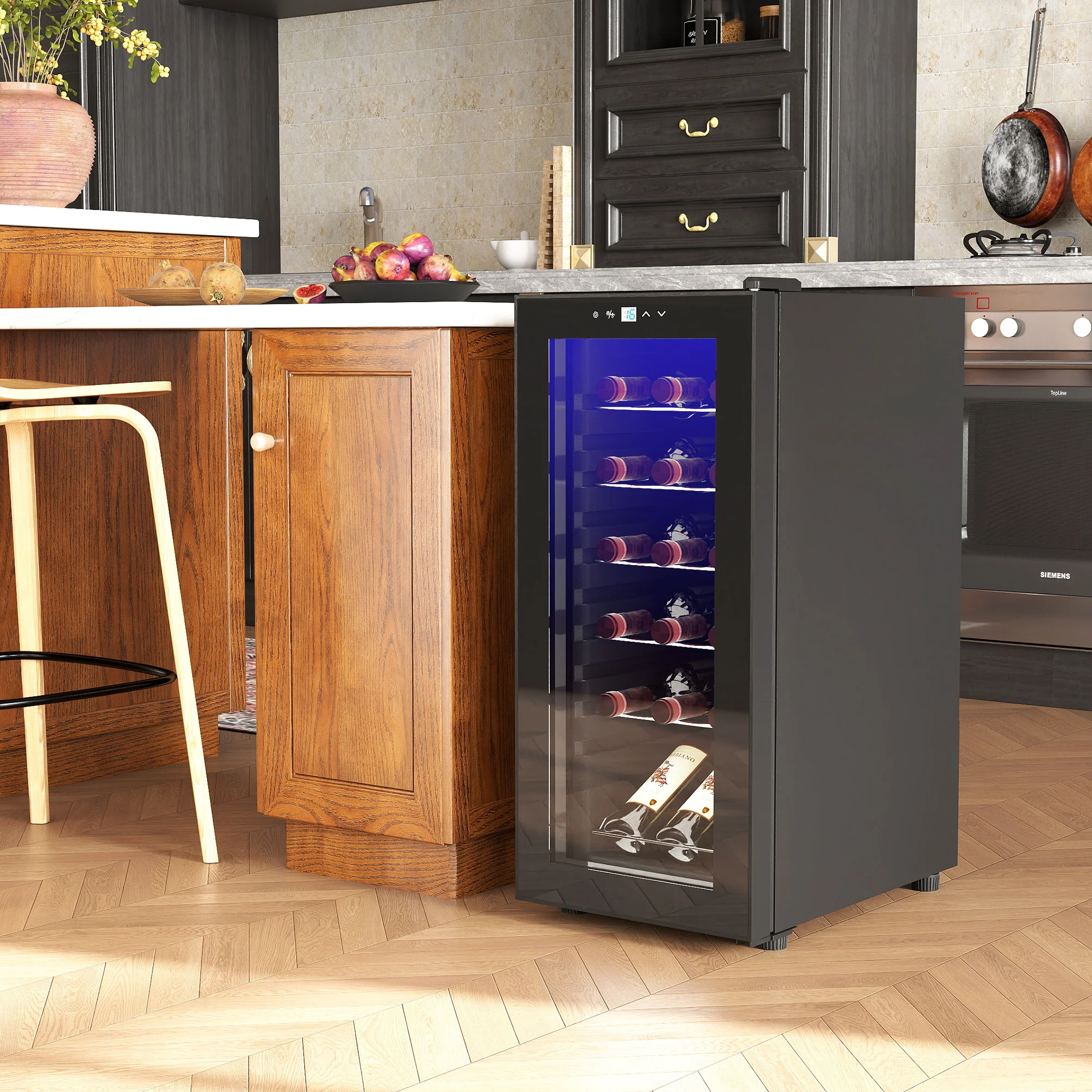 Cave à vin 18 bouteilles 50L réfrigérateur à vin silencieux avec porte en verre, étagères réglables, éclairage LED, écran tactile numérique, frigo vin contr?le de la température 5-18°C, noir - Image 3