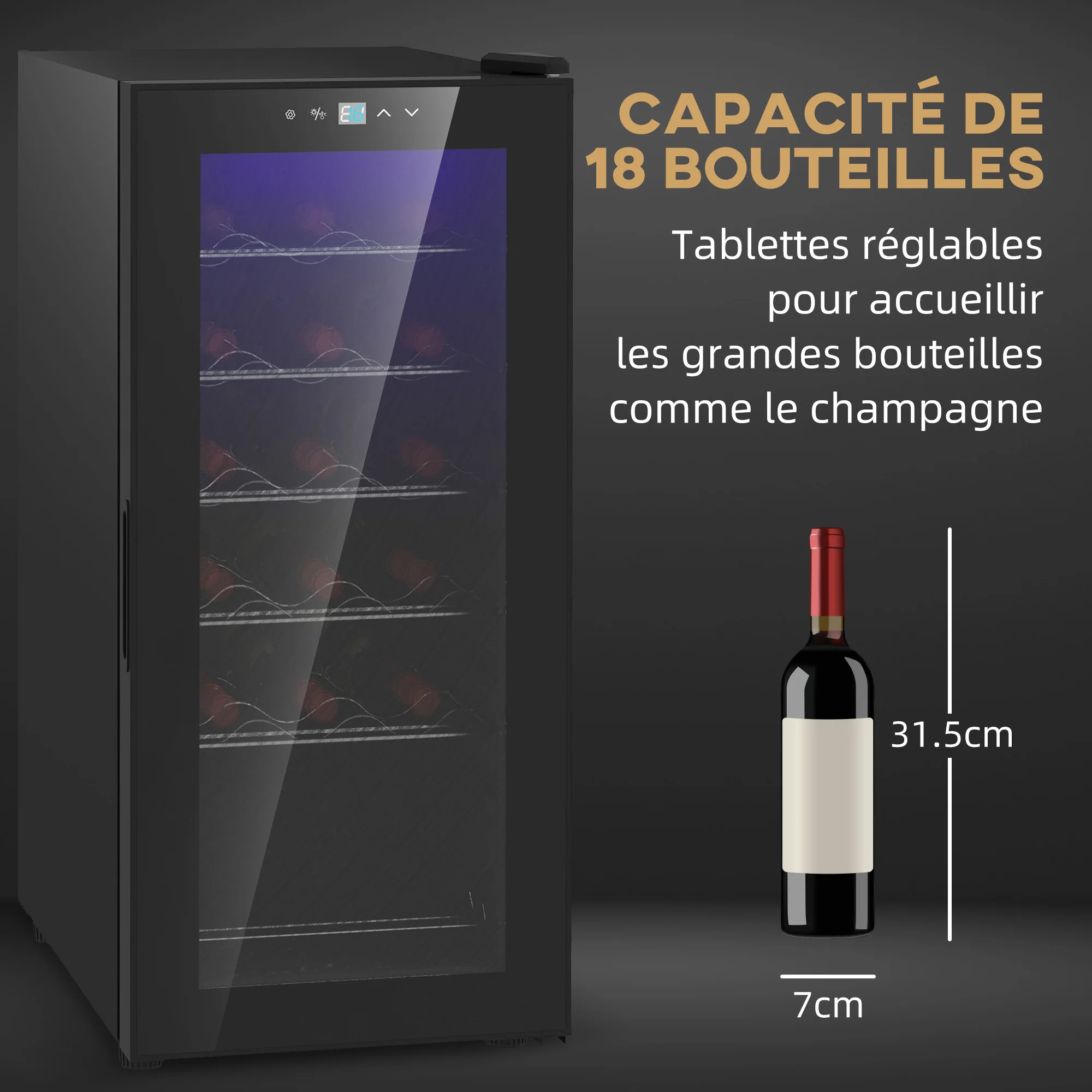 Cave à vin 18 bouteilles 50L réfrigérateur à vin silencieux avec porte en verre, étagères réglables, éclairage LED, écran tactile numérique, frigo vin contr?le de la température 5-18°C, noir - Image 5