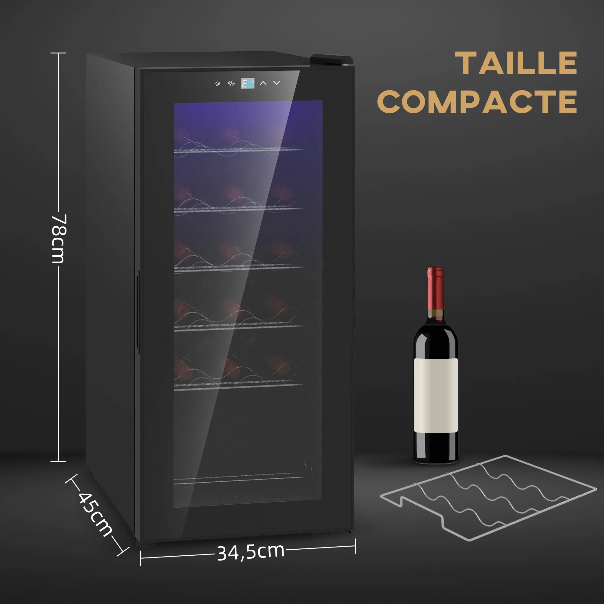 Cave à vin 18 bouteilles 50L réfrigérateur à vin silencieux avec porte en verre, étagères réglables, éclairage LED, écran tactile numérique, frigo vin contr?le de la température 5-18°C, noir - Image 6
