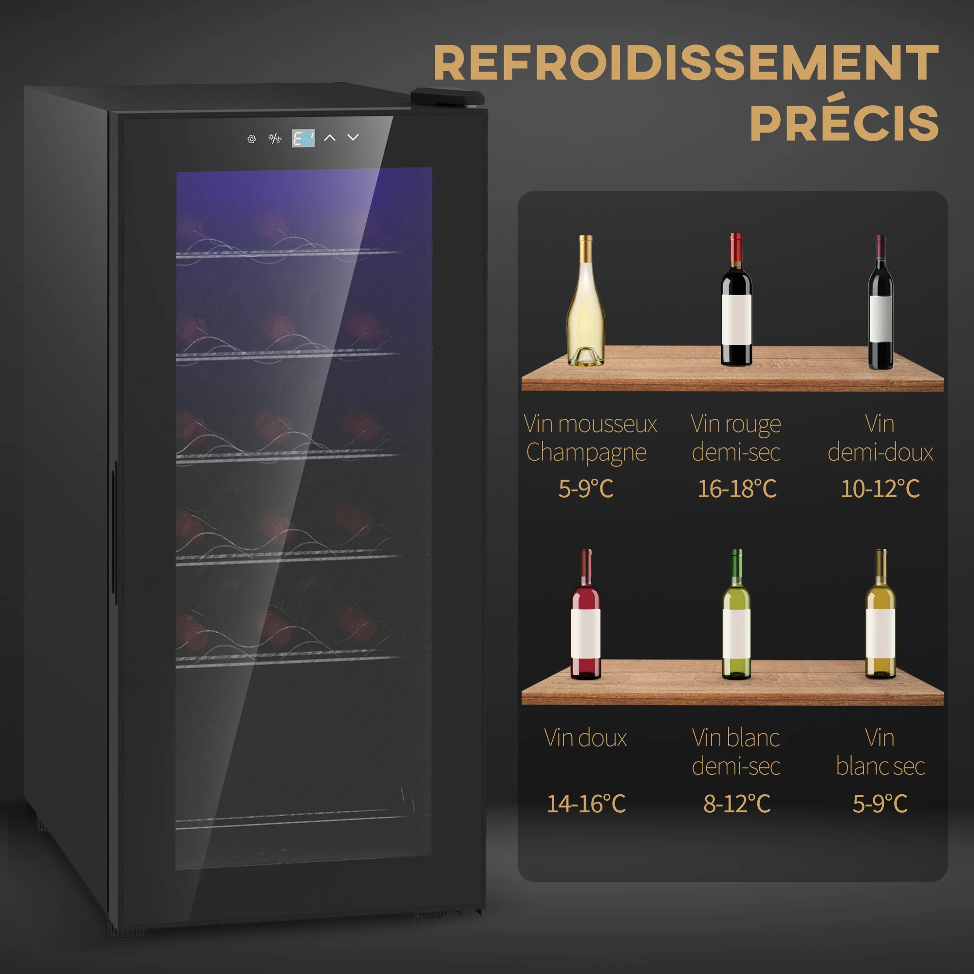 Cave à vin 18 bouteilles 50L réfrigérateur à vin silencieux avec porte en verre, étagères réglables, éclairage LED, écran tactile numérique, frigo vin contr?le de la température 5-18°C, noir - Image 7