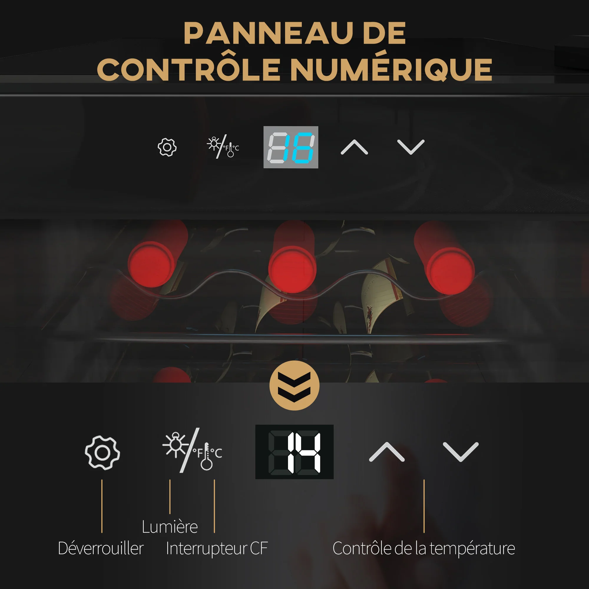Cave à vin 18 bouteilles 50L réfrigérateur à vin silencieux avec porte en verre, étagères réglables, éclairage LED, écran tactile numérique, frigo vin contr?le de la température 5-18°C, noir - Image 8