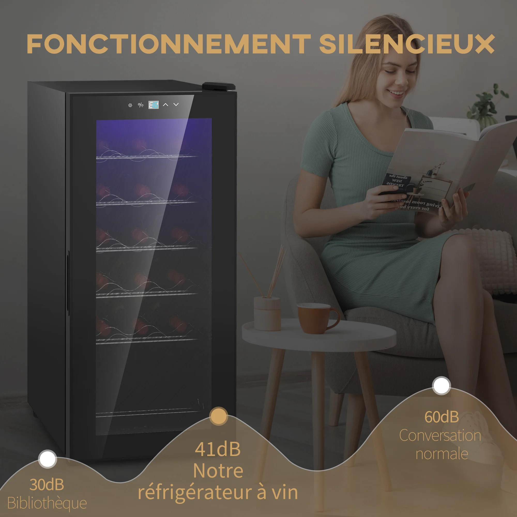 Cave à vin 18 bouteilles 50L réfrigérateur à vin silencieux avec porte en verre, étagères réglables, éclairage LED, écran tactile numérique, frigo vin contr?le de la température 5-18°C, noir - Image 9