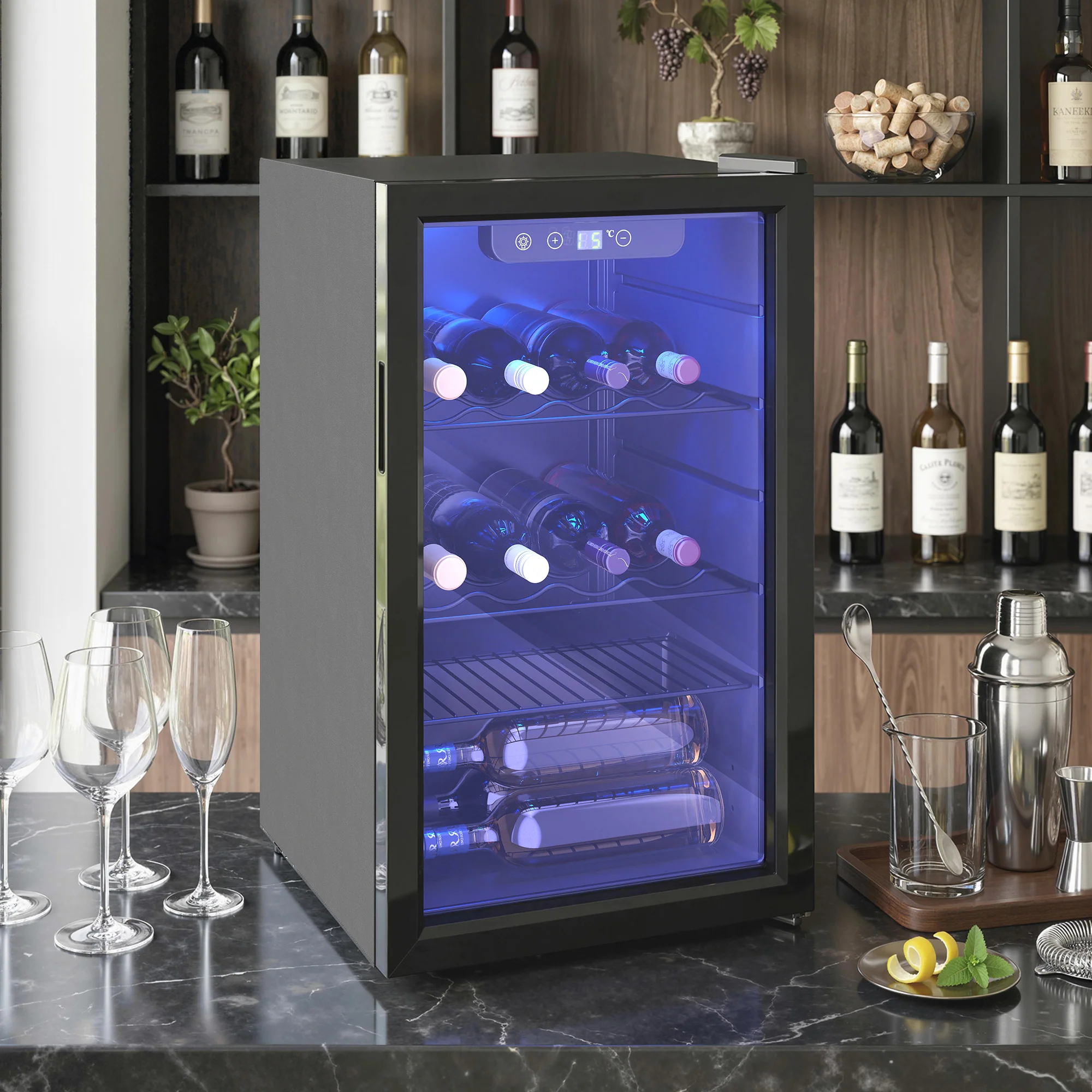 Cave à vin 24 bouteilles 68L, réfrigérateur à vin et boissons avec température réglable 4-16 °C, porte réversible en verre trempé double, éclairage LED, écran tactile et étagère amovible, noir - Image 3