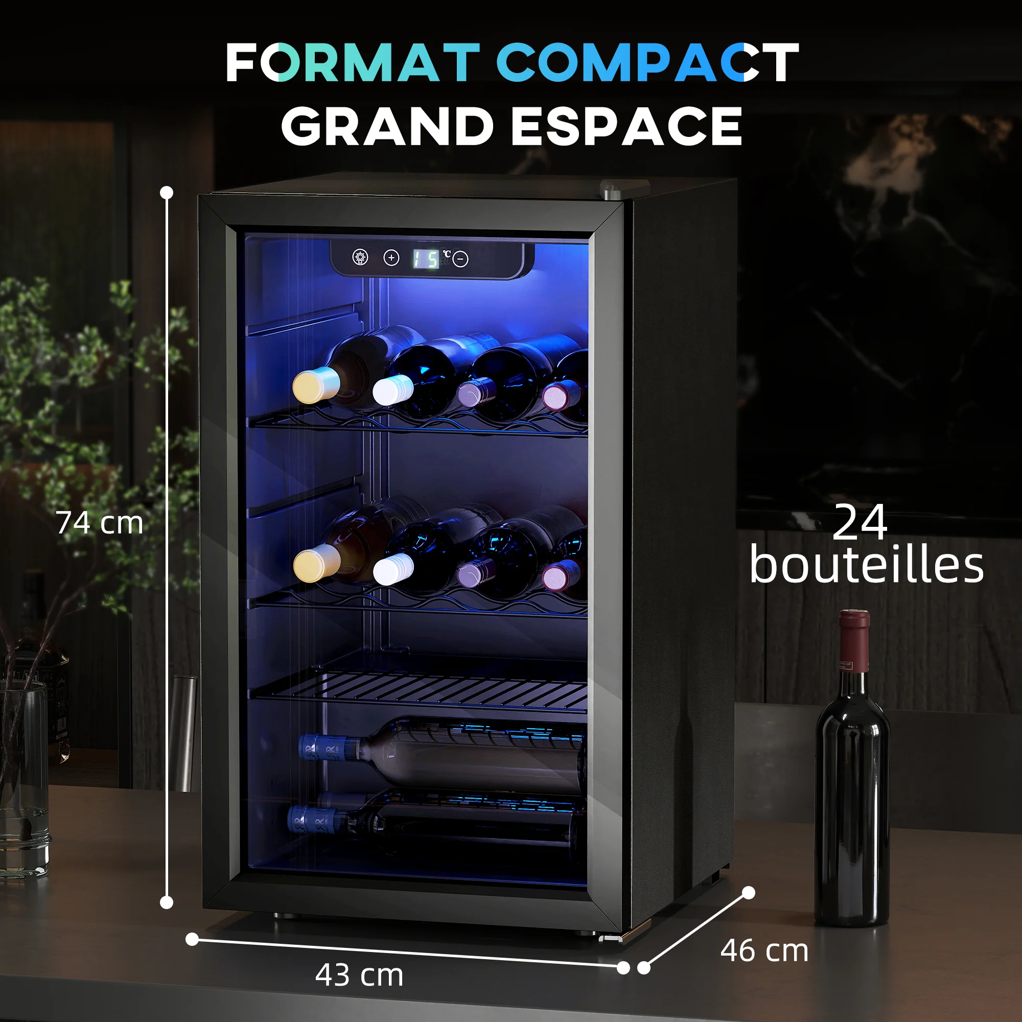 Cave à vin 24 bouteilles 68L, réfrigérateur à vin et boissons avec température réglable 4-16 °C, porte réversible en verre trempé double, éclairage LED, écran tactile et étagère amovible, noir - Image 4