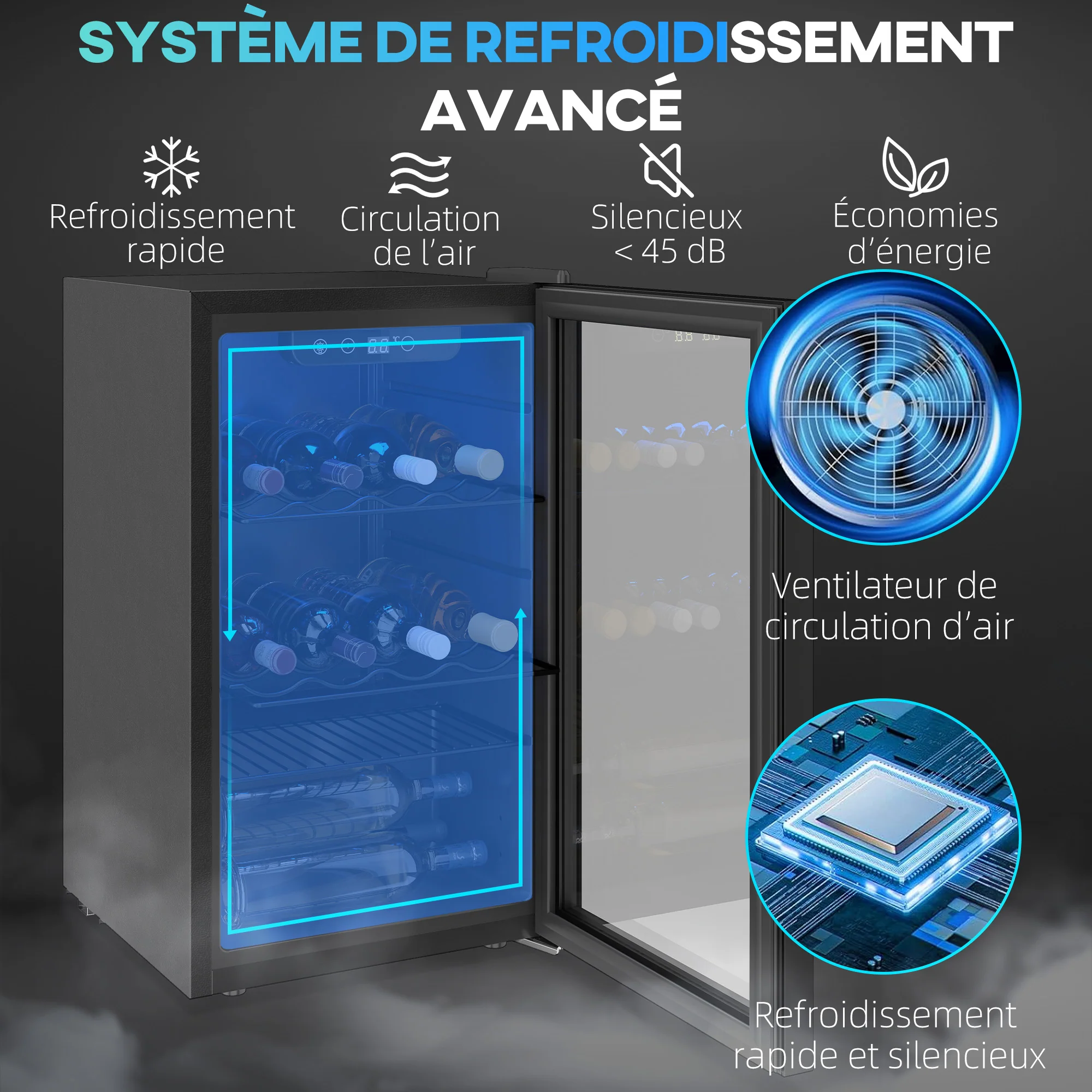 Cave à vin 24 bouteilles 68L, réfrigérateur à vin et boissons avec température réglable 4-16 °C, porte réversible en verre trempé double, éclairage LED, écran tactile et étagère amovible, noir - Image 5