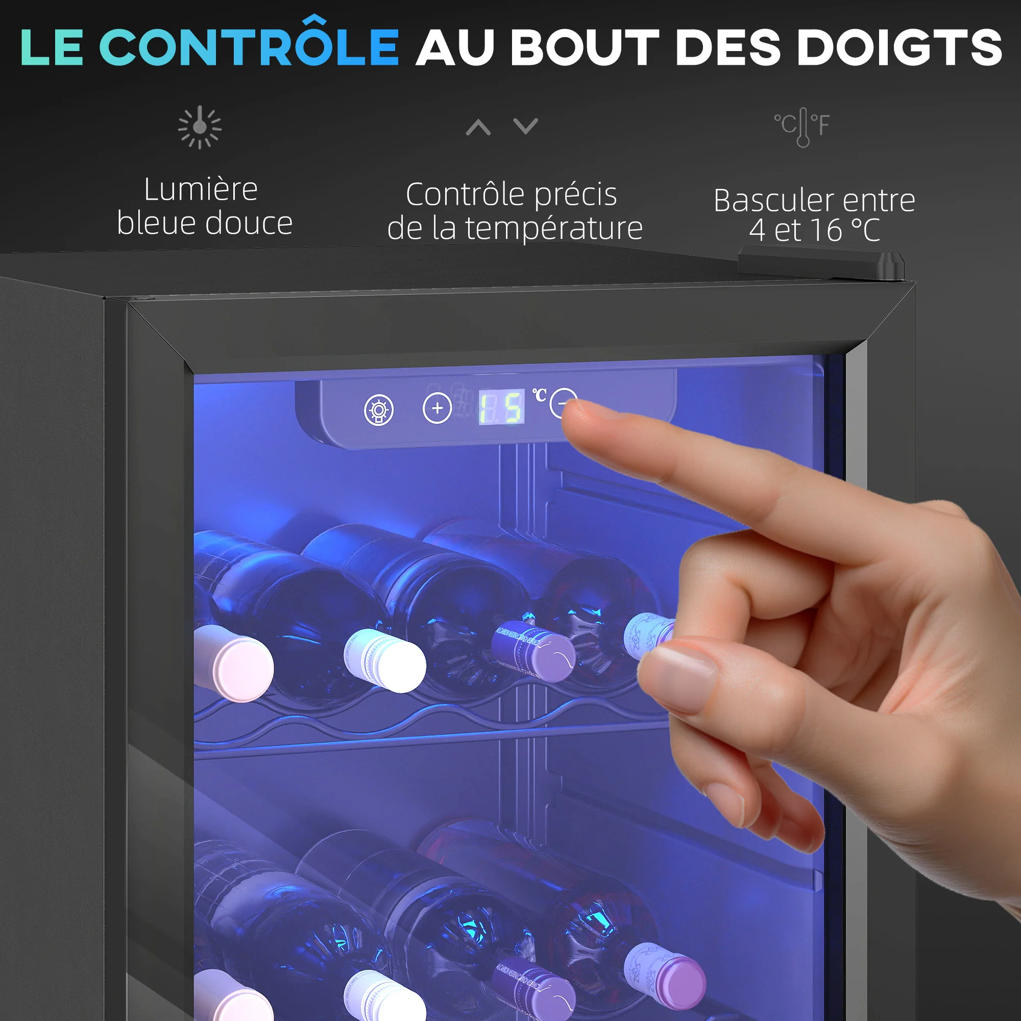 Cave à vin 24 bouteilles 68L, réfrigérateur à vin et boissons avec température réglable 4-16 °C, porte réversible en verre trempé double, éclairage LED, écran tactile et étagère amovible, noir - Image 6