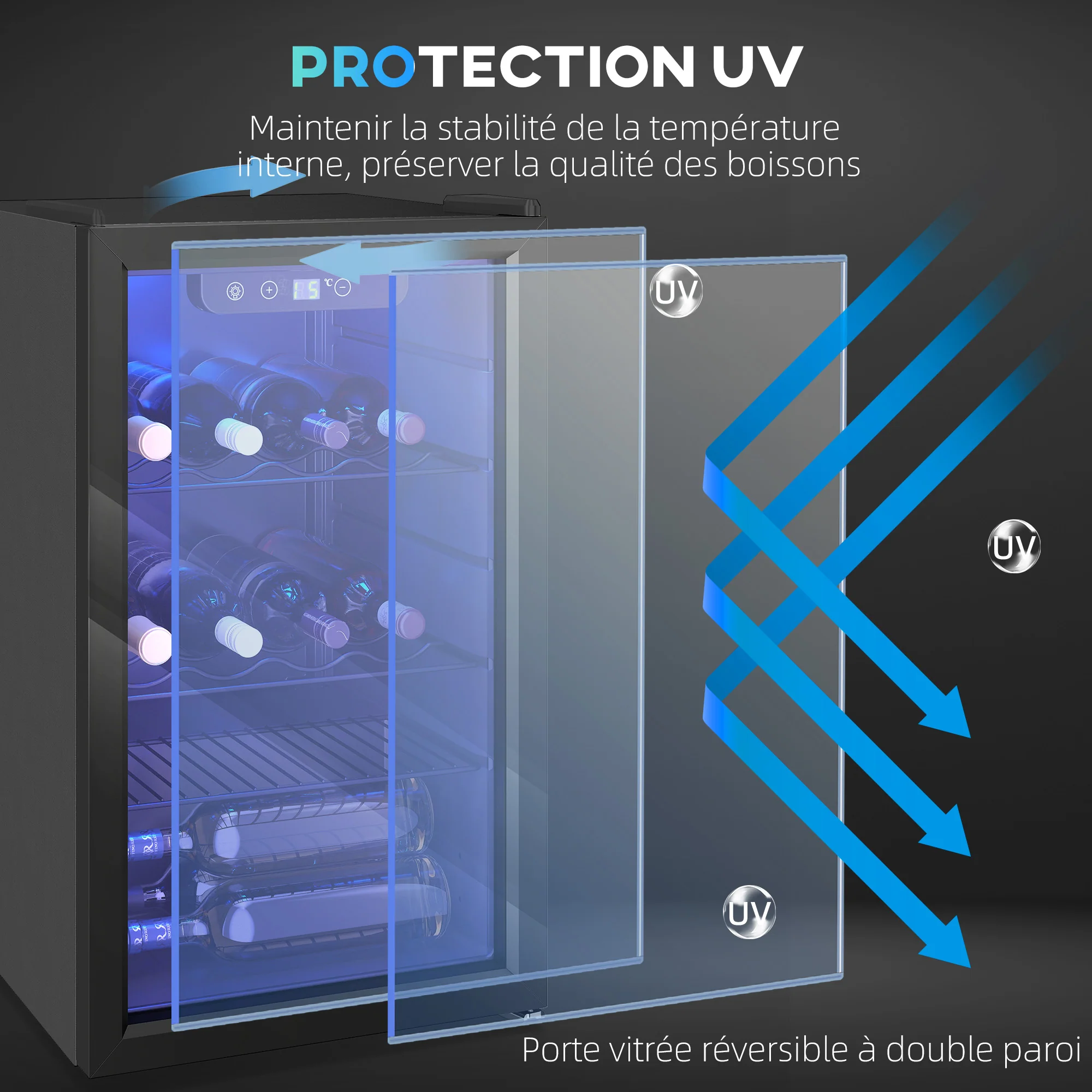 Cave à vin 24 bouteilles 68L, réfrigérateur à vin et boissons avec température réglable 4-16 °C, porte réversible en verre trempé double, éclairage LED, écran tactile et étagère amovible, noir - Image 7
