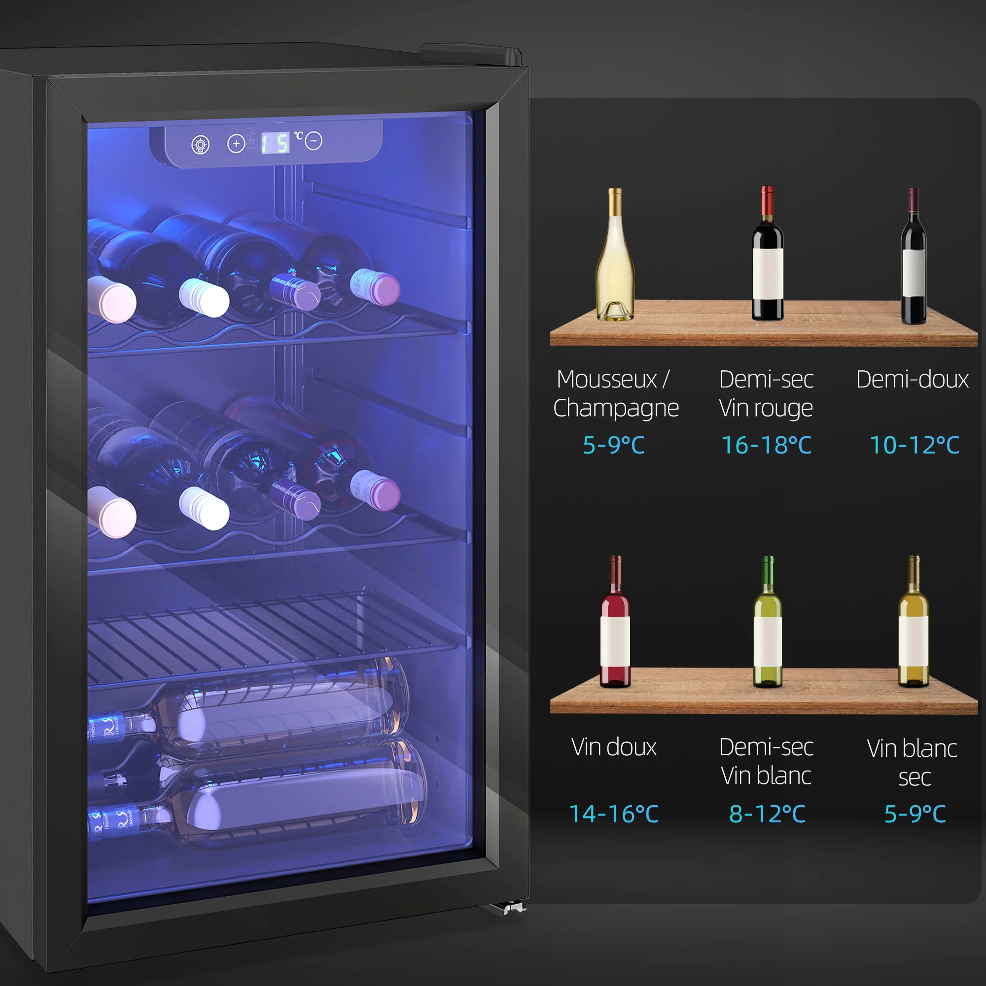 Cave à vin 24 bouteilles 68L, réfrigérateur à vin et boissons avec température réglable 4-16 °C, porte réversible en verre trempé double, éclairage LED, écran tactile et étagère amovible, noir - Image 8