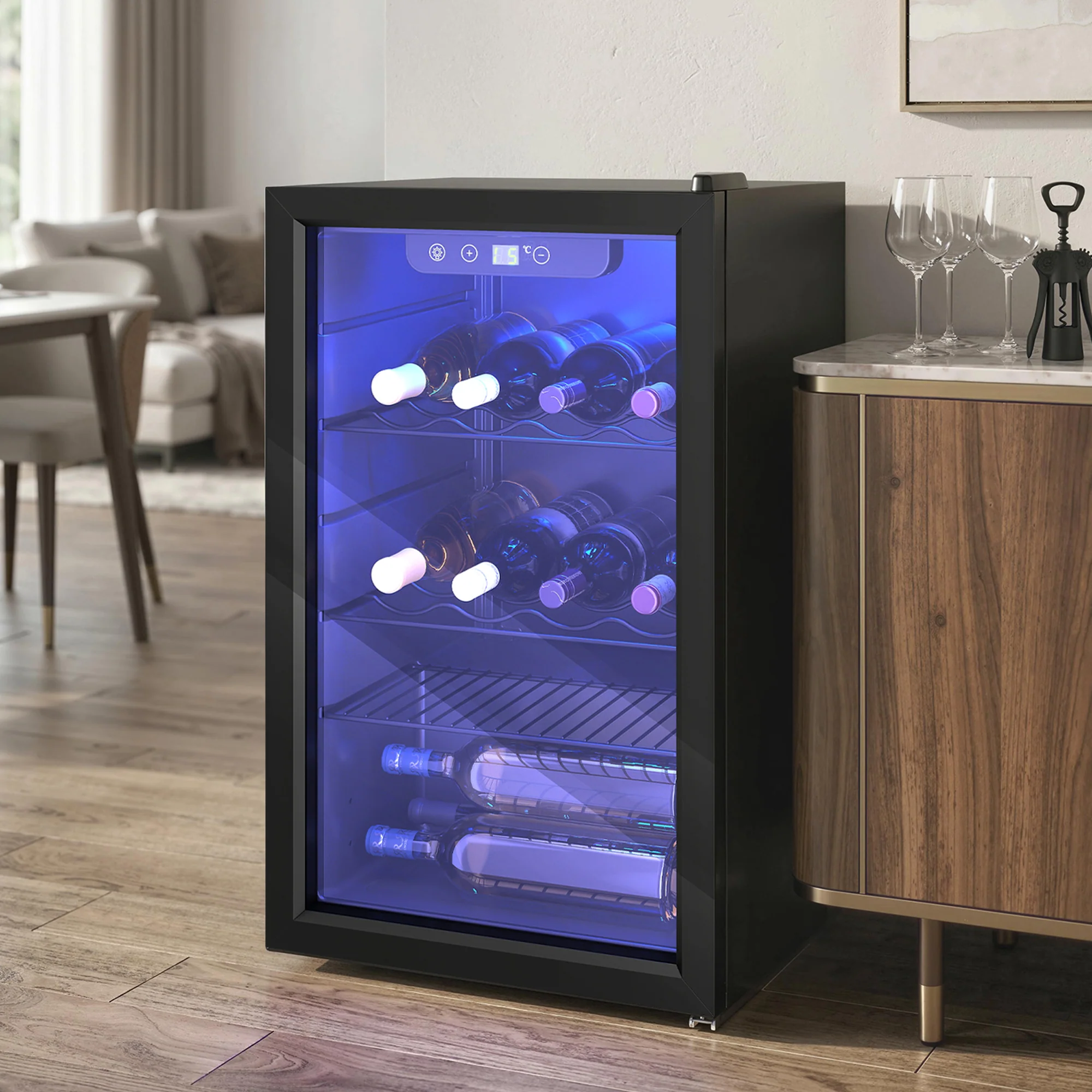 Cave à vin 24 bouteilles 68L, réfrigérateur à vin et boissons avec température réglable 4-16 °C, porte réversible en verre trempé double, éclairage LED, écran tactile et étagère amovible, noir - Image 9