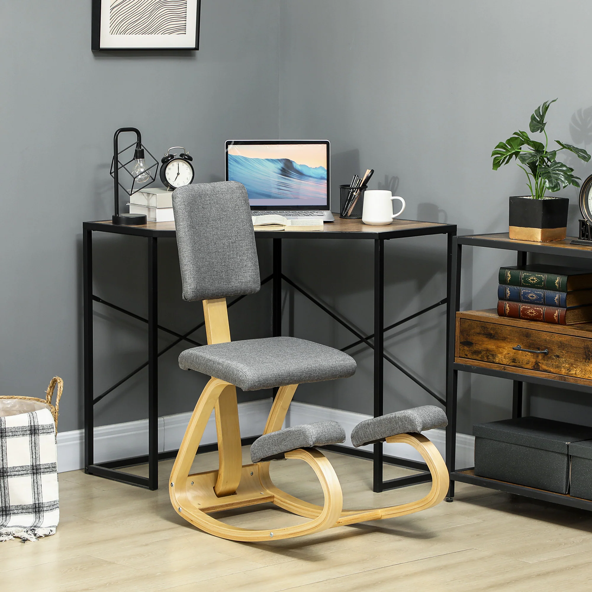 Chaise à genoux ergonomique avec dossier, siège assis genoux à bascule, tabouret ergonomique en bois, tabouret bureau orthopédique, correcteur de posture, soulager les douleurs au dos, gris - Image 3