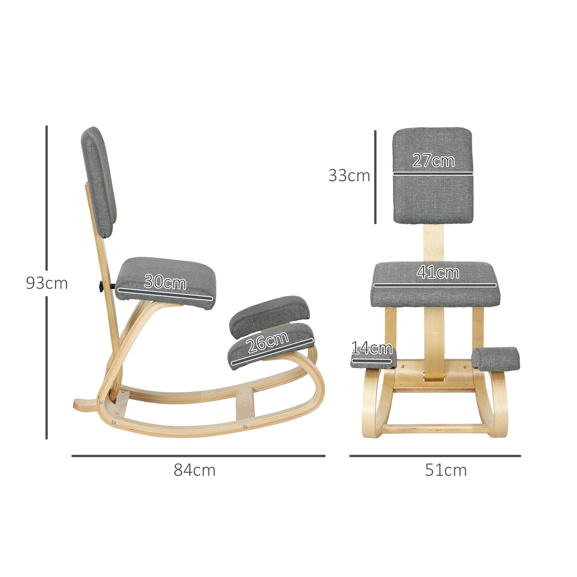 Chaise à genoux ergonomique avec dossier, siège assis genoux à bascule, tabouret ergonomique en bois, tabouret bureau orthopédique, correcteur de posture, soulager les douleurs au dos, gris - Image 4