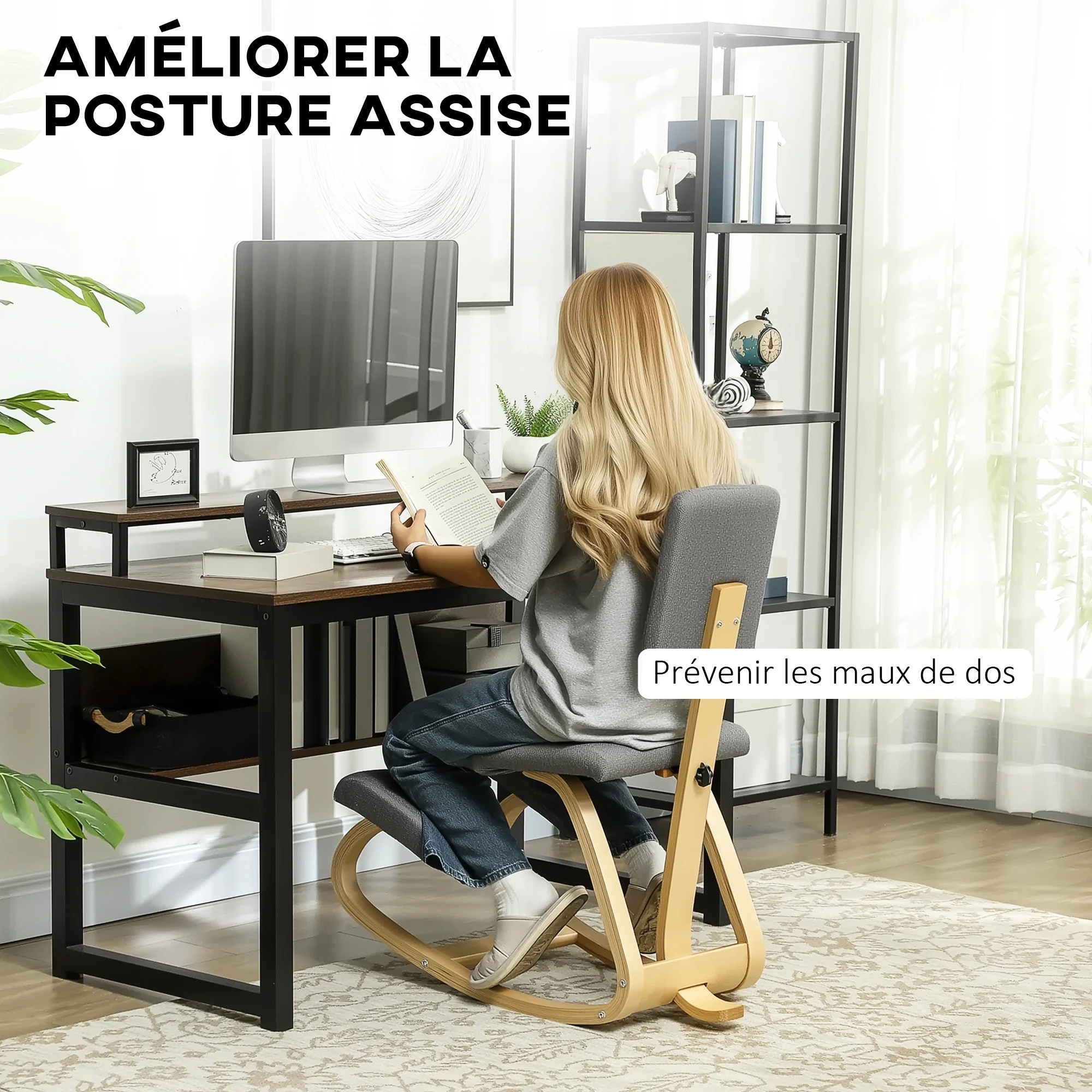 Chaise à genoux ergonomique avec dossier, siège assis genoux à bascule, tabouret ergonomique en bois, tabouret bureau orthopédique, correcteur de posture, soulager les douleurs au dos, gris - Image 5