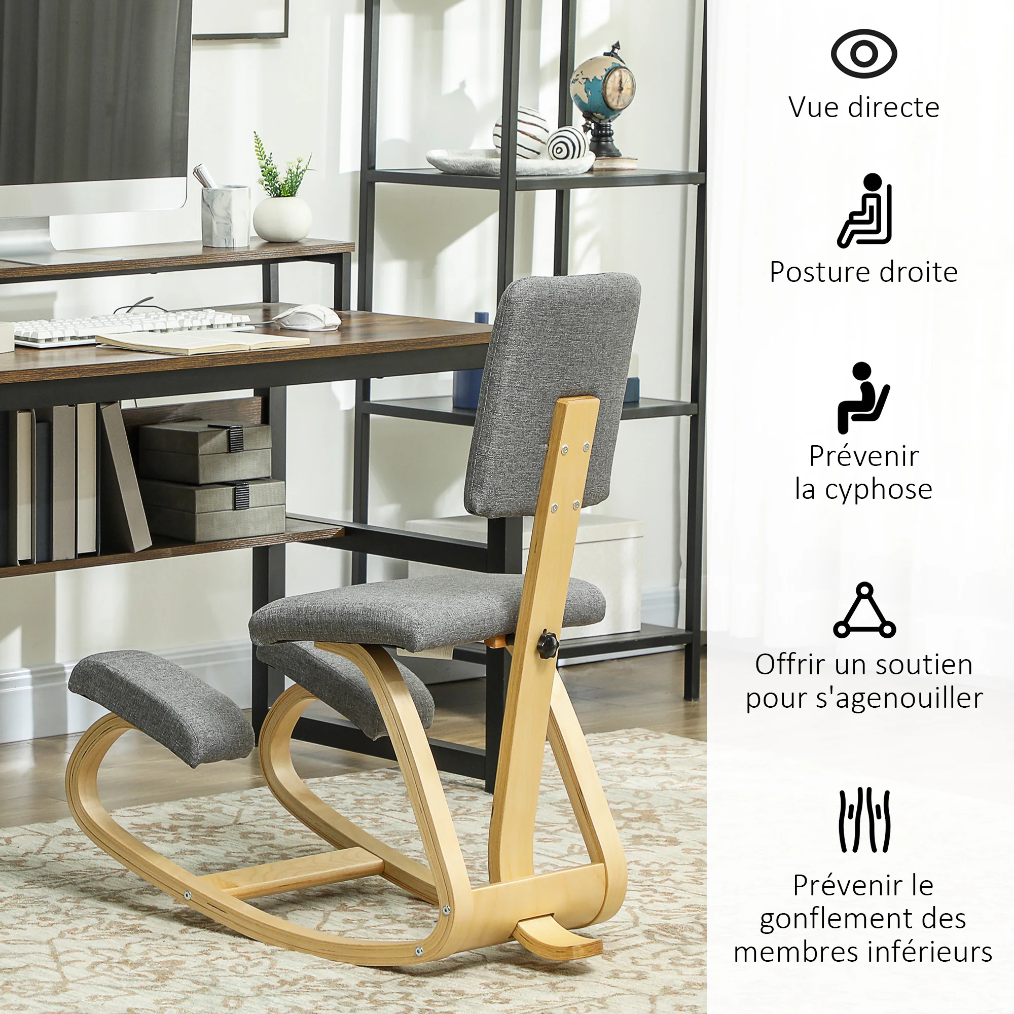 Chaise à genoux ergonomique avec dossier, siège assis genoux à bascule, tabouret ergonomique en bois, tabouret bureau orthopédique, correcteur de posture, soulager les douleurs au dos, gris - Image 6