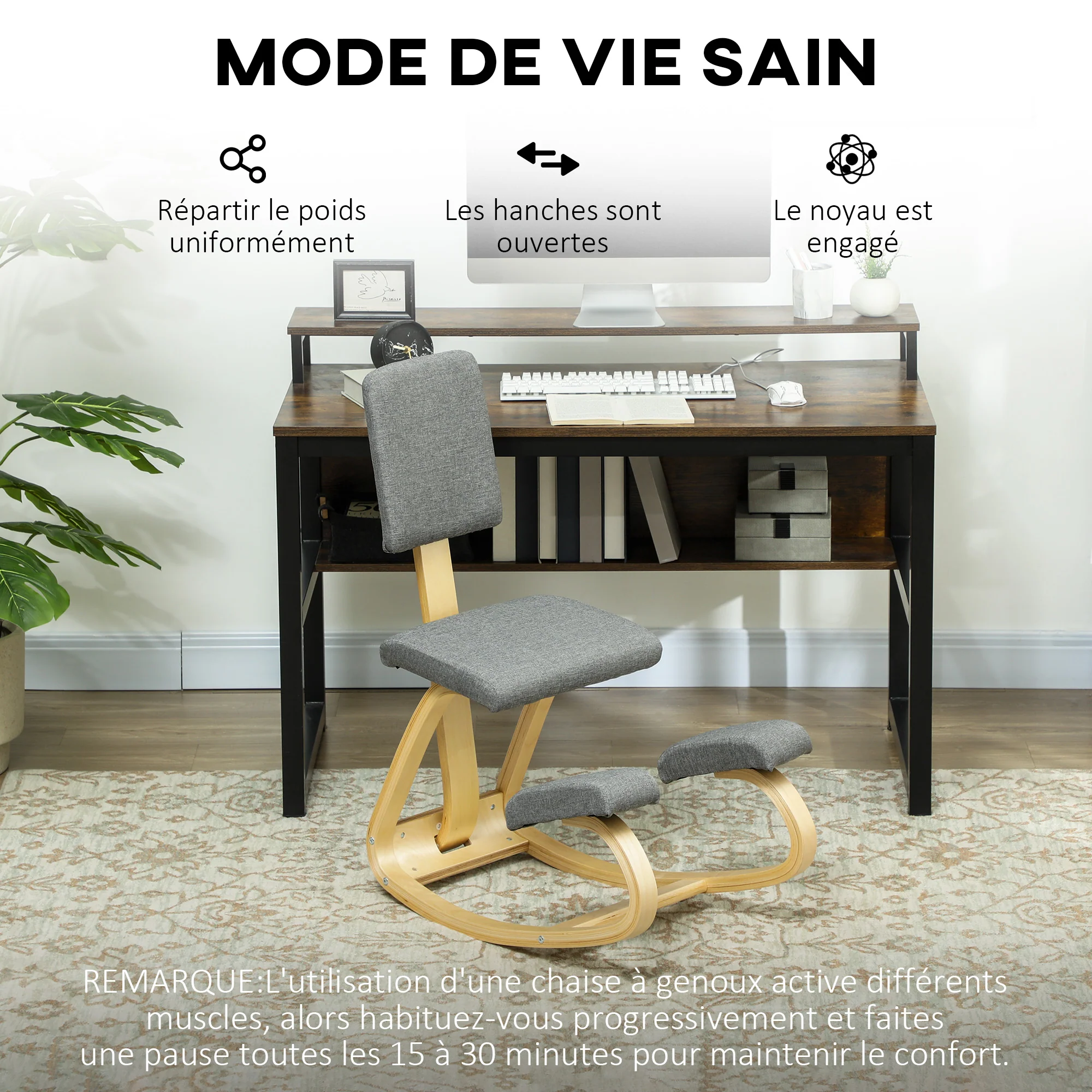 Chaise à genoux ergonomique avec dossier, siège assis genoux à bascule, tabouret ergonomique en bois, tabouret bureau orthopédique, correcteur de posture, soulager les douleurs au dos, gris - Image 7