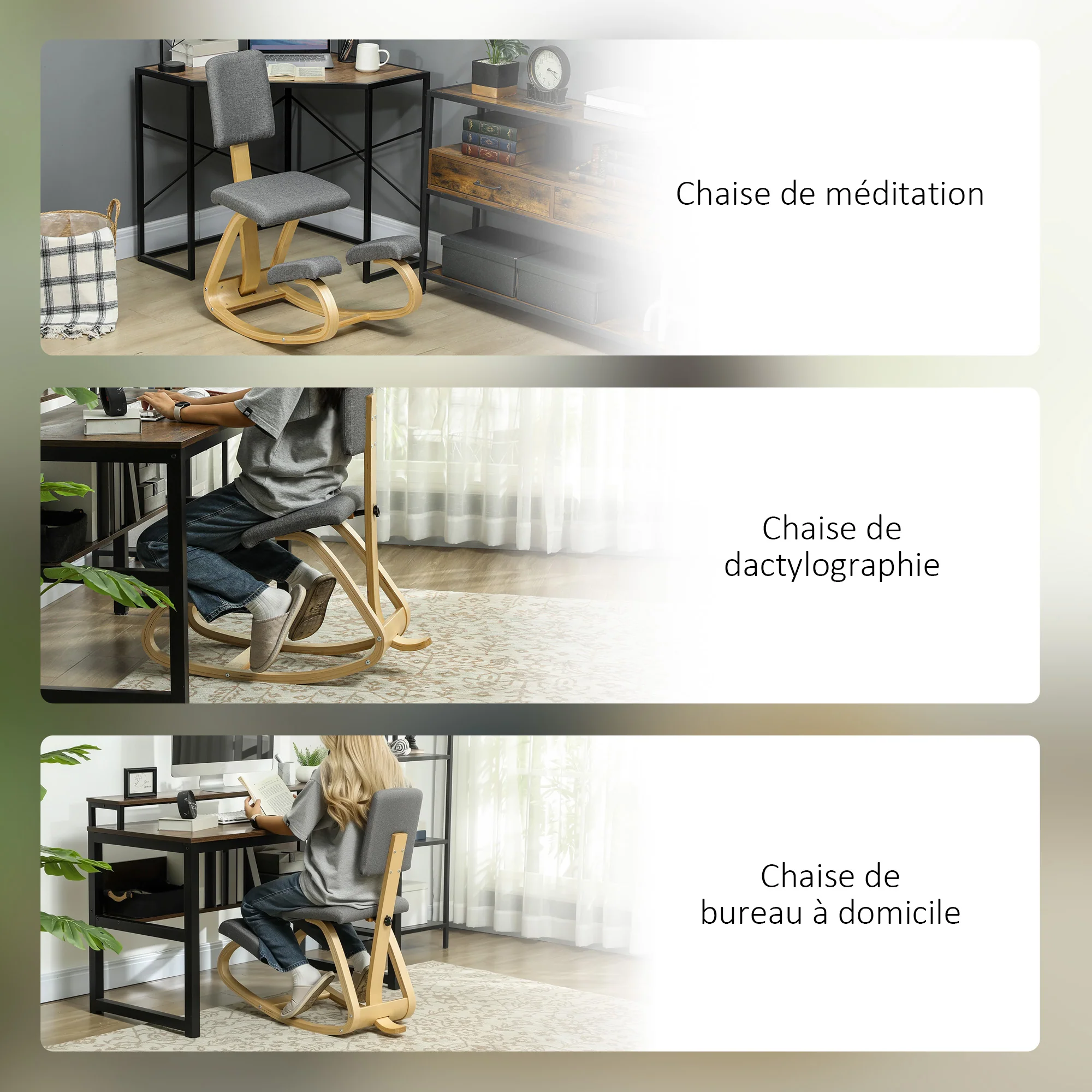 Chaise à genoux ergonomique avec dossier, siège assis genoux à bascule, tabouret ergonomique en bois, tabouret bureau orthopédique, correcteur de posture, soulager les douleurs au dos, gris - Image 8