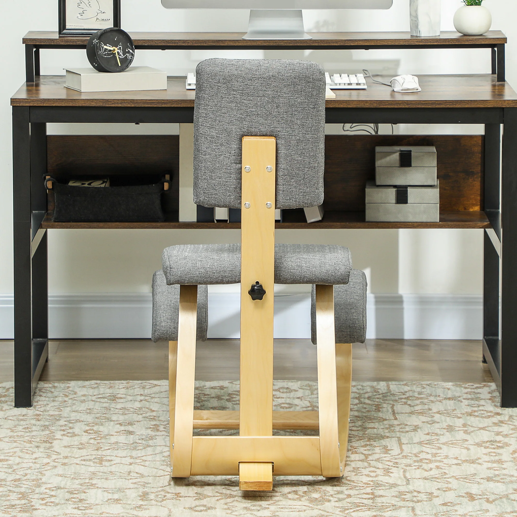 Chaise à genoux ergonomique avec dossier, siège assis genoux à bascule, tabouret ergonomique en bois, tabouret bureau orthopédique, correcteur de posture, soulager les douleurs au dos, gris - Image 9