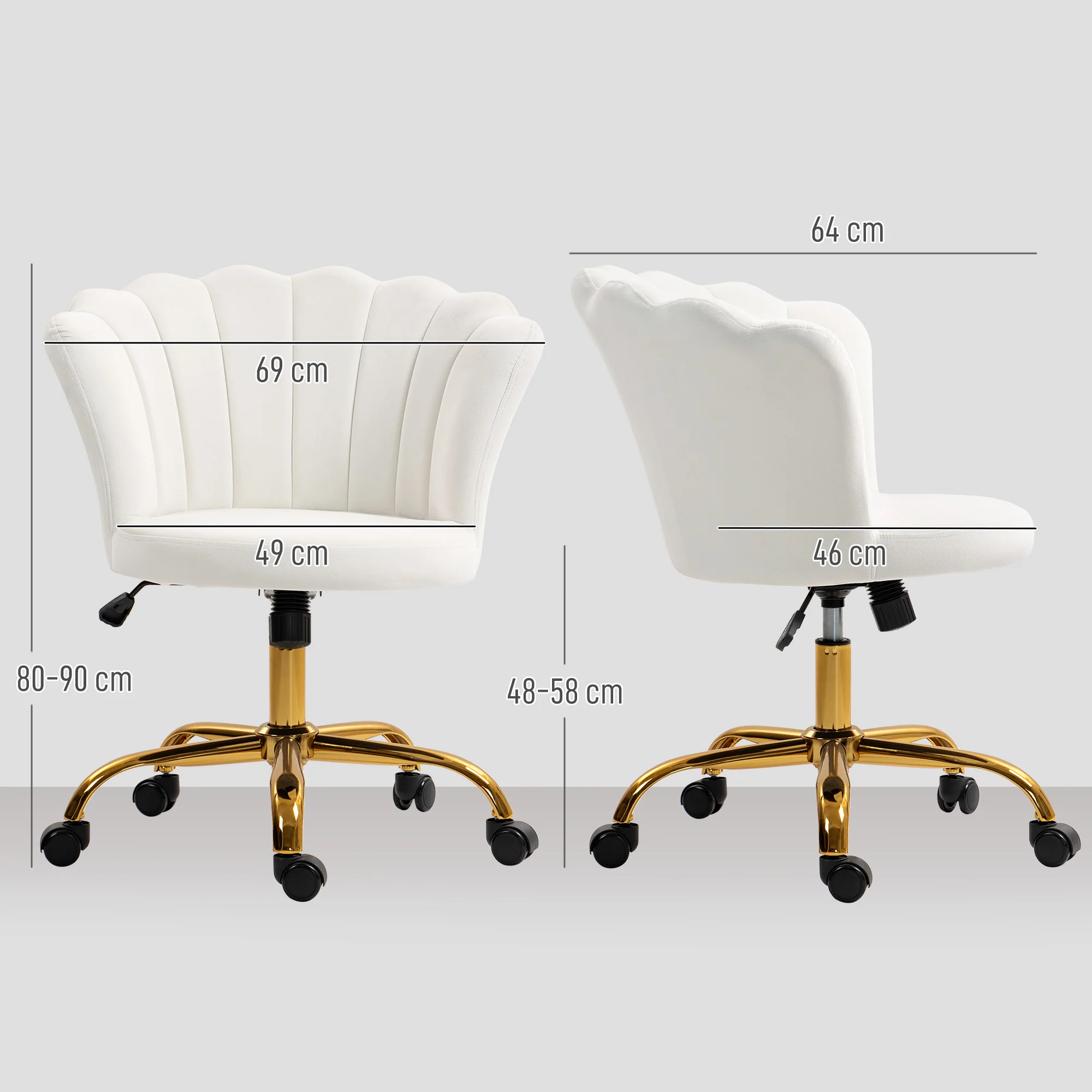 Chaise bureau en velours, chaise coiffeuse avec dossier en pétale, hauteur réglable, fonction bascule, assise rembourrée et pivotante, fauteuil coquillage pour bureau, salon, chambre, blanc - Image 4