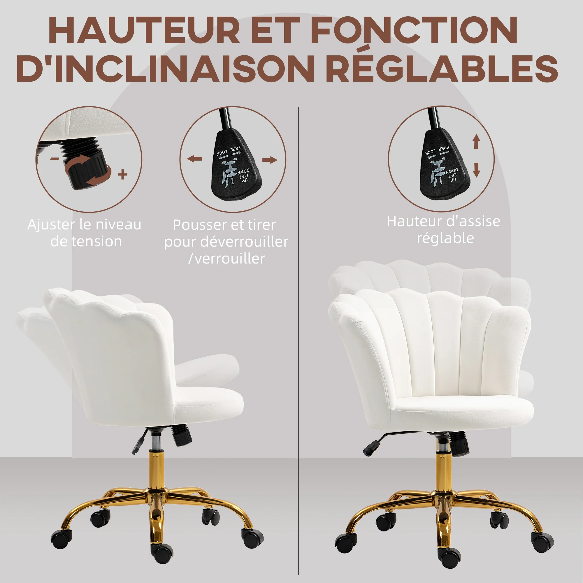 Chaise bureau en velours, chaise coiffeuse avec dossier en pétale, hauteur réglable, fonction bascule, assise rembourrée et pivotante, fauteuil coquillage pour bureau, salon, chambre, blanc - Image 5