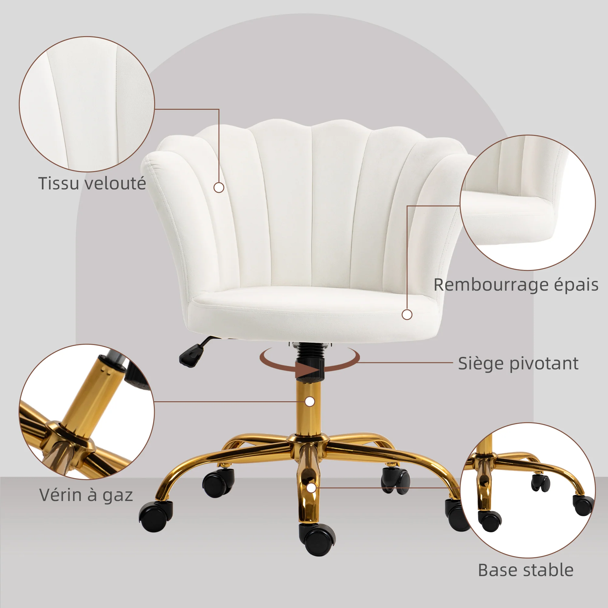 Chaise bureau en velours, chaise coiffeuse avec dossier en pétale, hauteur réglable, fonction bascule, assise rembourrée et pivotante, fauteuil coquillage pour bureau, salon, chambre, blanc - Image 6