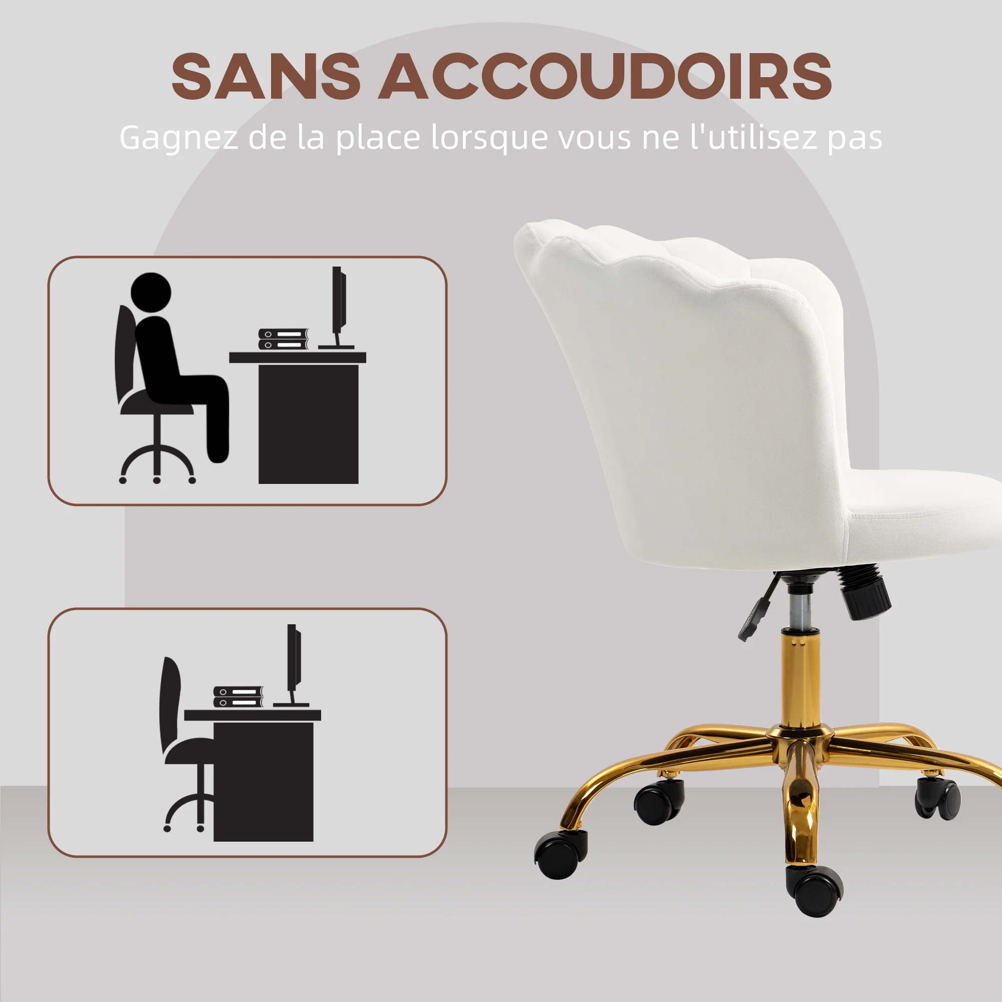 Chaise bureau en velours, chaise coiffeuse avec dossier en pétale, hauteur réglable, fonction bascule, assise rembourrée et pivotante, fauteuil coquillage pour bureau, salon, chambre, blanc - Image 7