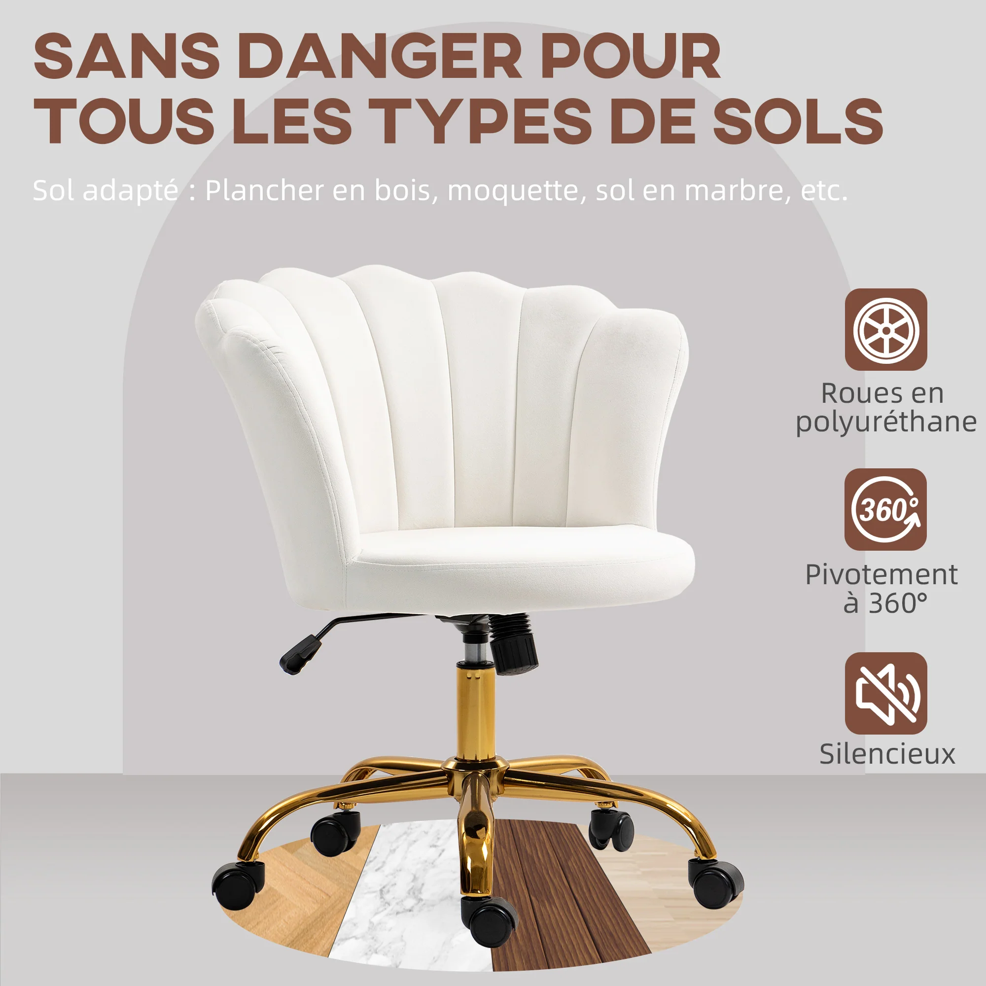 Chaise bureau en velours, chaise coiffeuse avec dossier en pétale, hauteur réglable, fonction bascule, assise rembourrée et pivotante, fauteuil coquillage pour bureau, salon, chambre, blanc - Image 8