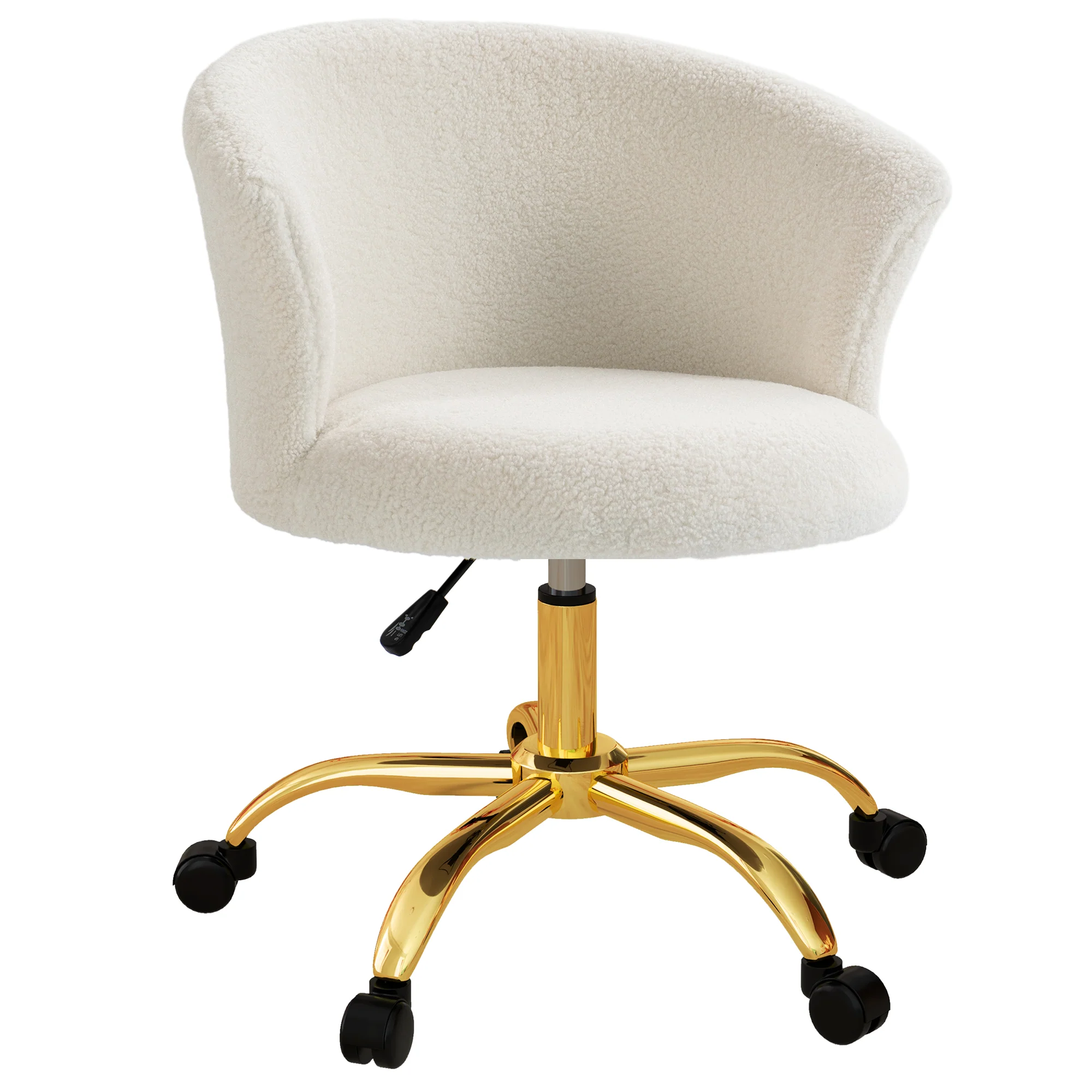 Chaise bureau ergonomique en polaire Teddy, chaise coiffeuse, fauteuil pivotante avec hauteur réglable, assise rembourrée et piètement acier doré, pour bureau, salon, chambre, blanc - Image 10