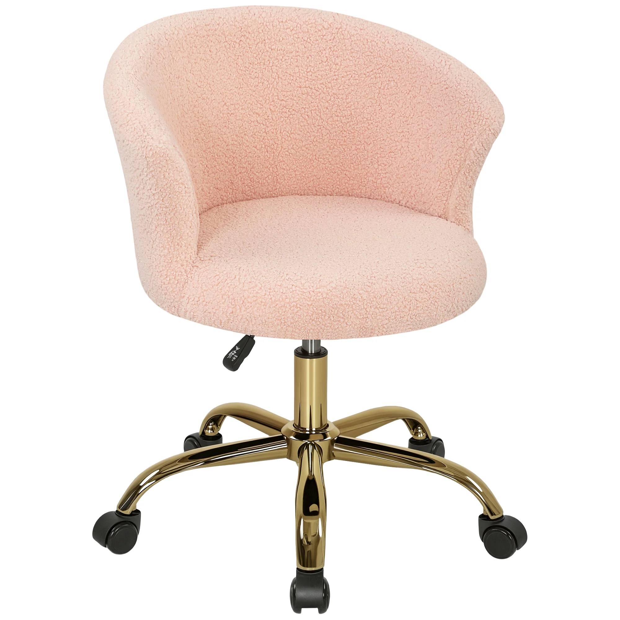 Chaise bureau ergonomique en polaire Teddy, chaise coiffeuse, fauteuil pivotante avec hauteur réglable, assise rembourrée et piètement acier doré, pour bureau, salon, chambre, rose - Image 11