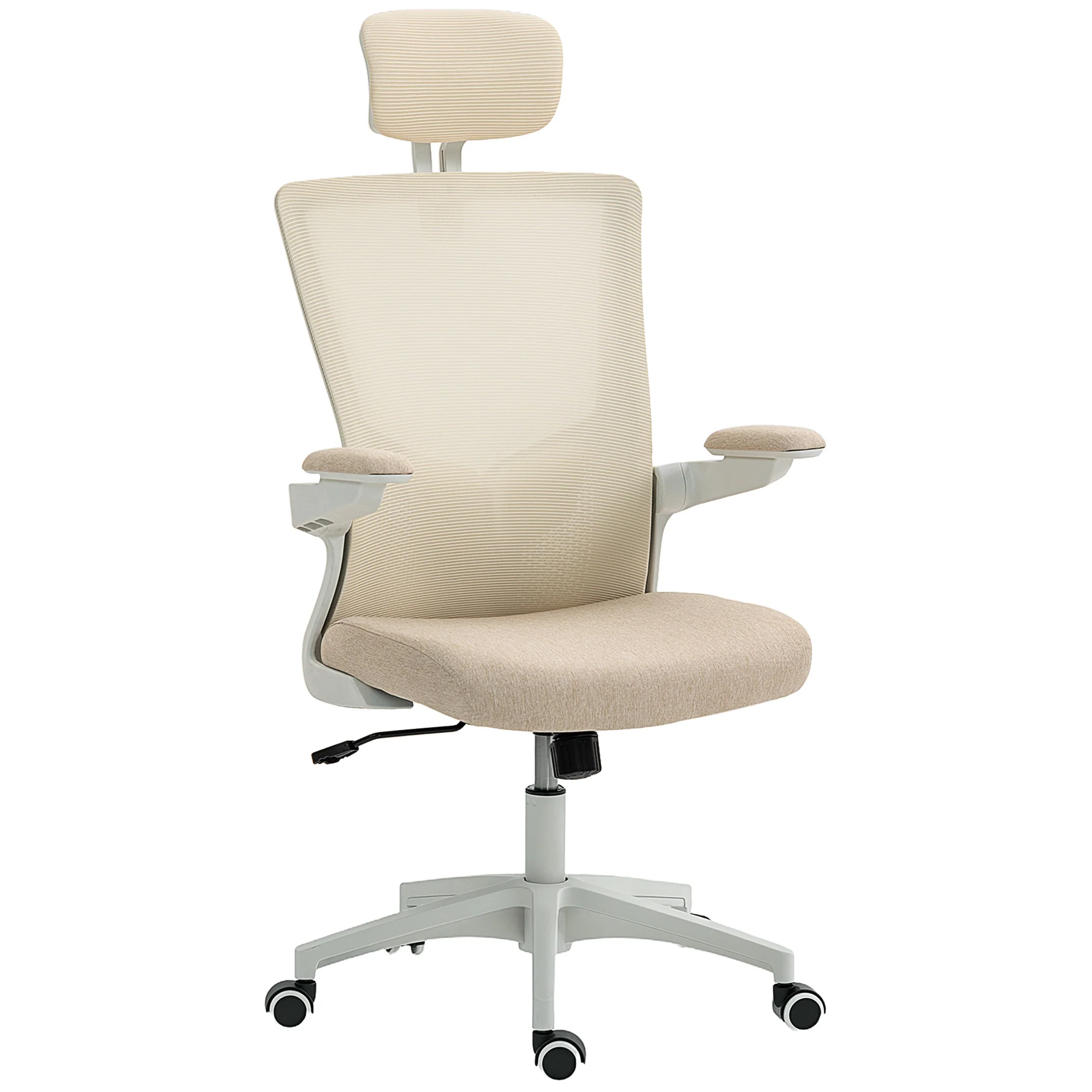 Chaise bureau ergonomique, fauteuil de bureau avec hauteur réglable, soutien lombaire, appui-tête, accoudoirs relevables, fonction bascule, pivotant à 360° et roulettes, beige